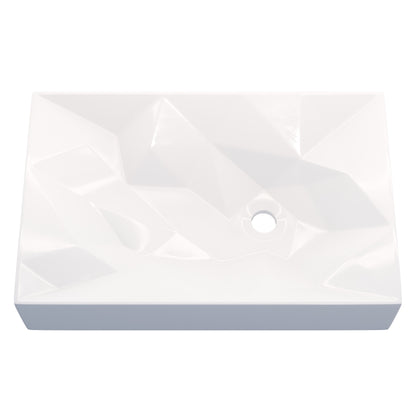 Modern rectangular white porcelain vessel sink by Novatto, geometric design, shown with smooth surface and sleek edges.