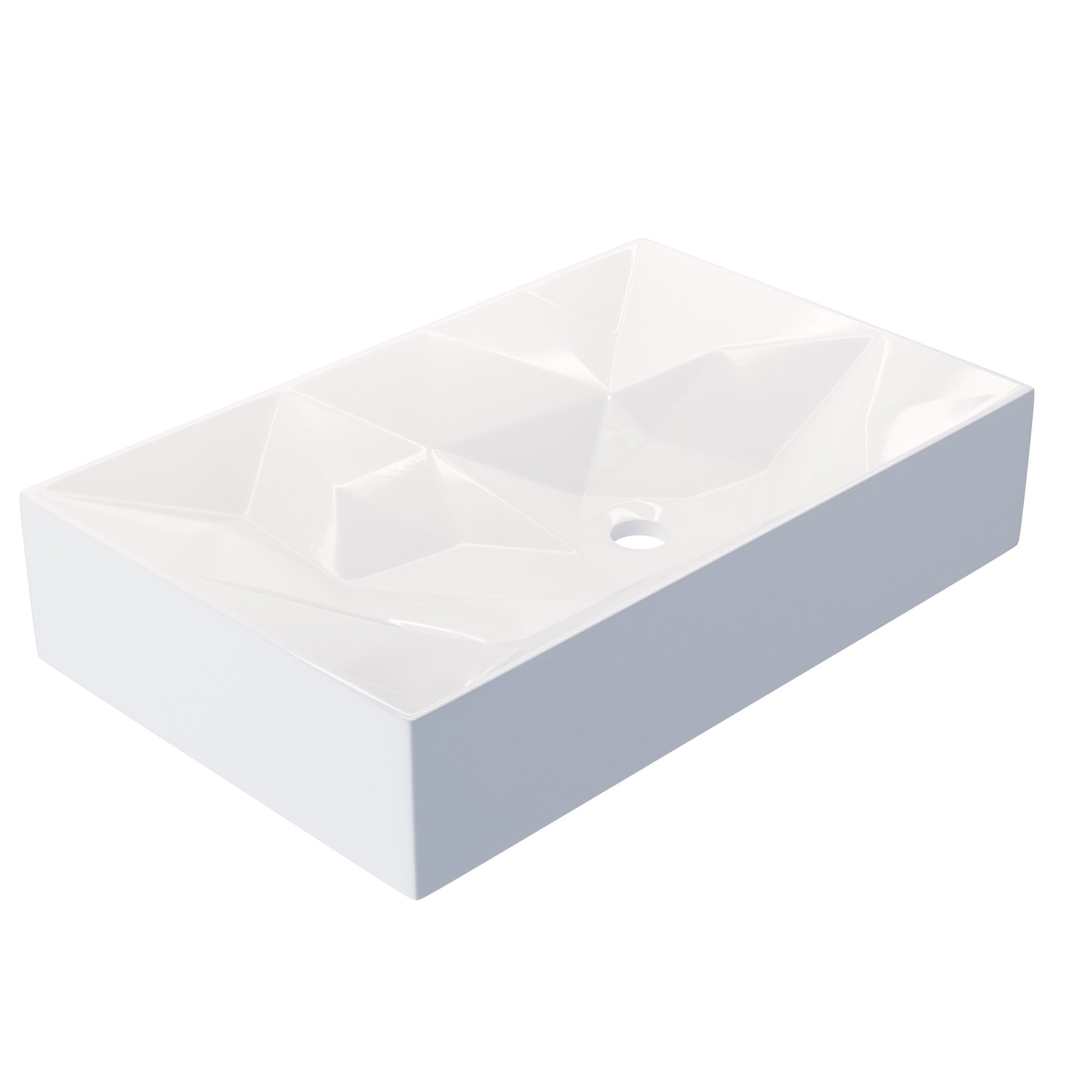 Modern rectangular white porcelain vessel sink by Novatto with geometric design, shown from a front angle.