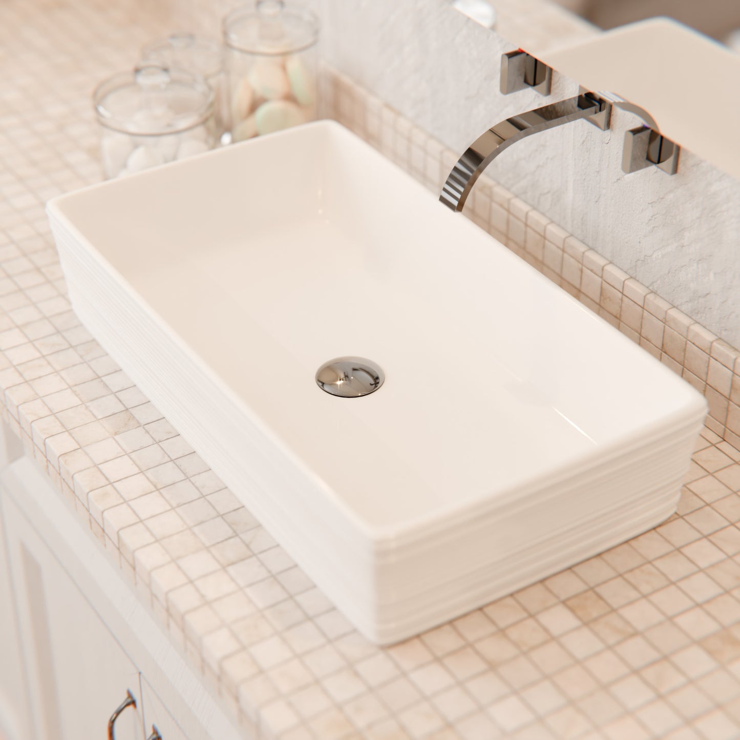 Rectangular white porcelain vessel sink with grooved exterior by Novatto, shown with smooth surface and modern design.