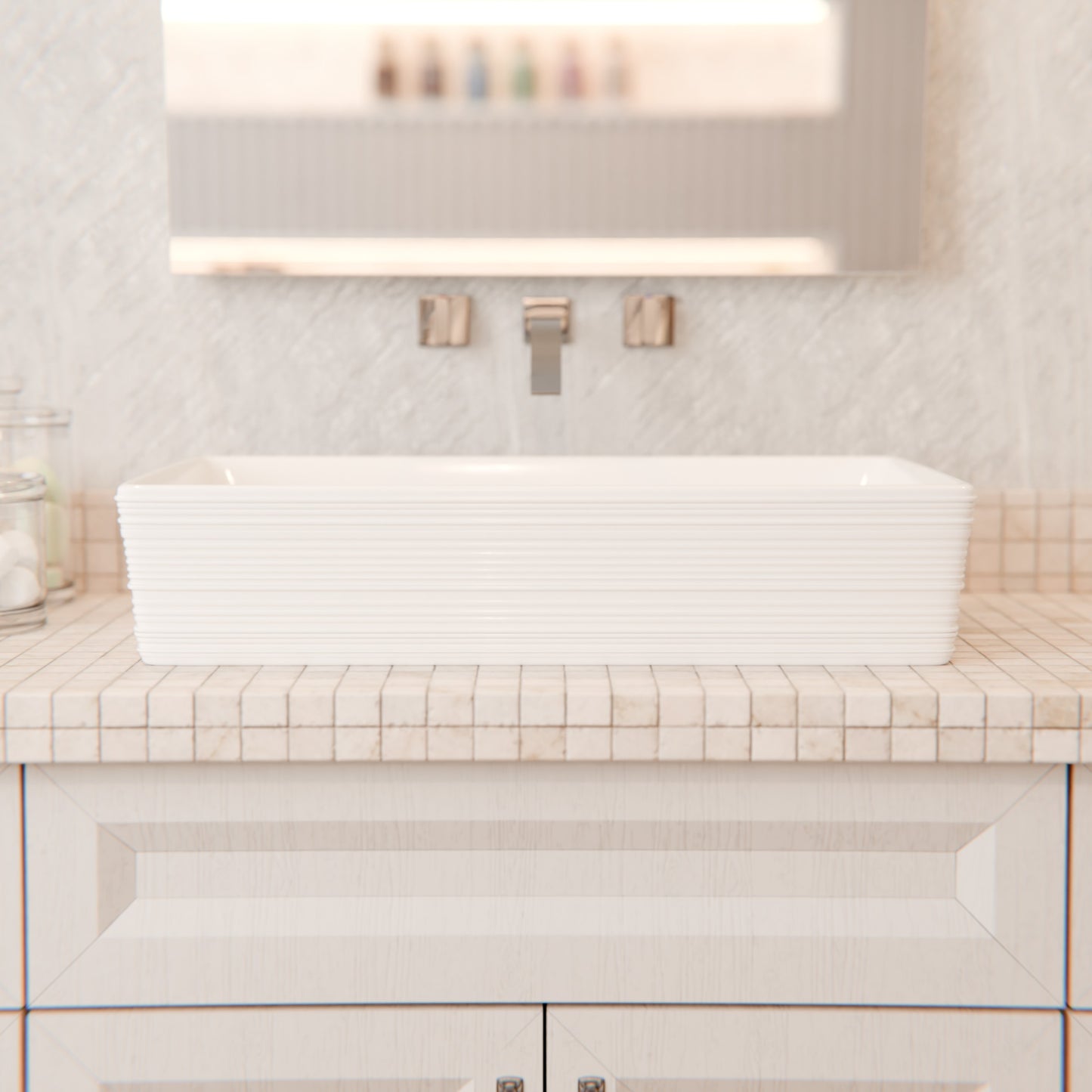 White porcelain vessel sink with rectangular shape and grooved exterior, designed for bathroom vanity by Novatto.