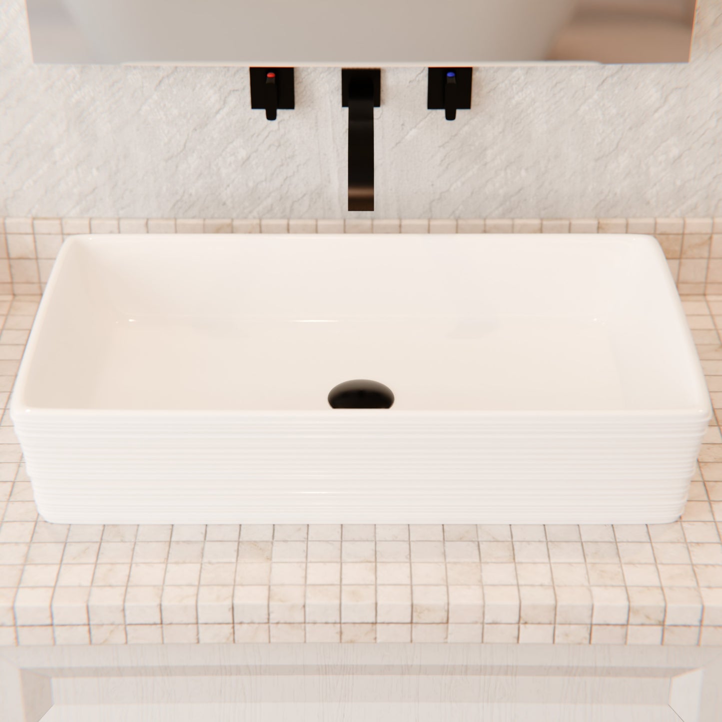 Rectangular white porcelain vessel sink with grooved exterior, Novatto NP-208513, shown from above with smooth interior and textured outside.