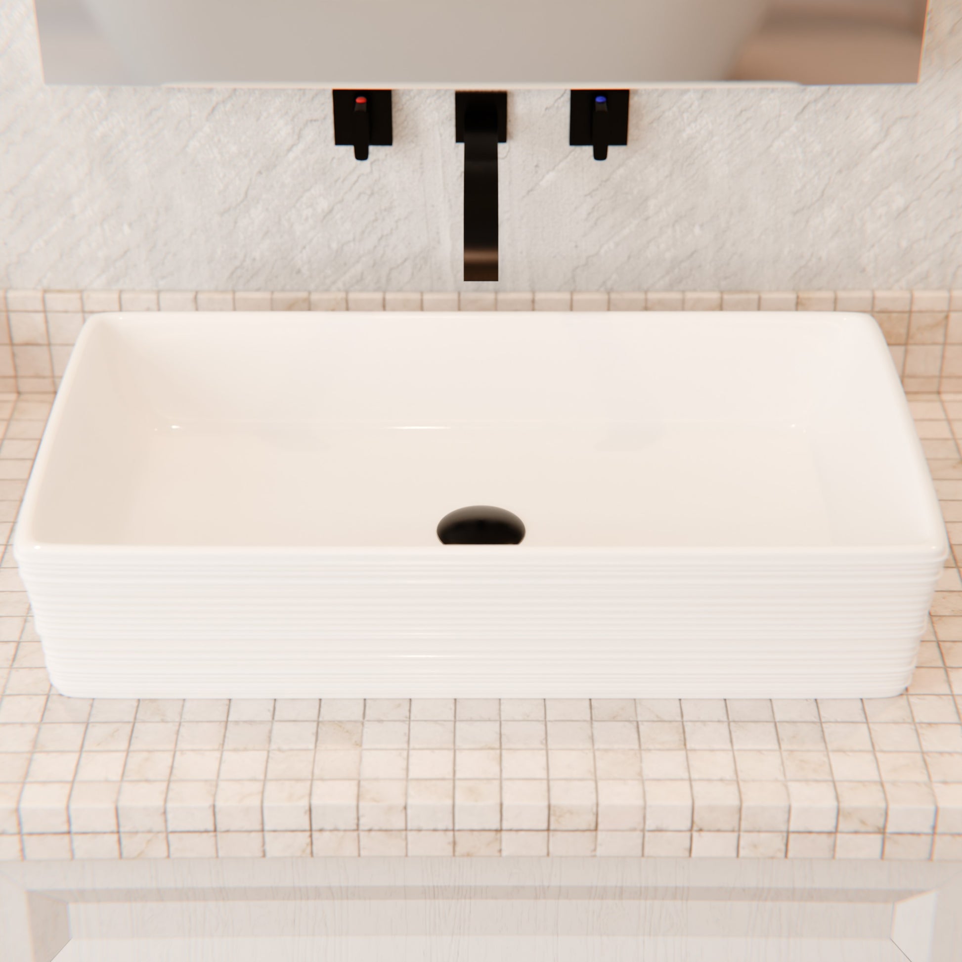Rectangular white porcelain vessel sink with grooved exterior, Novatto NP-208513, shown from above with smooth interior and textured outside.