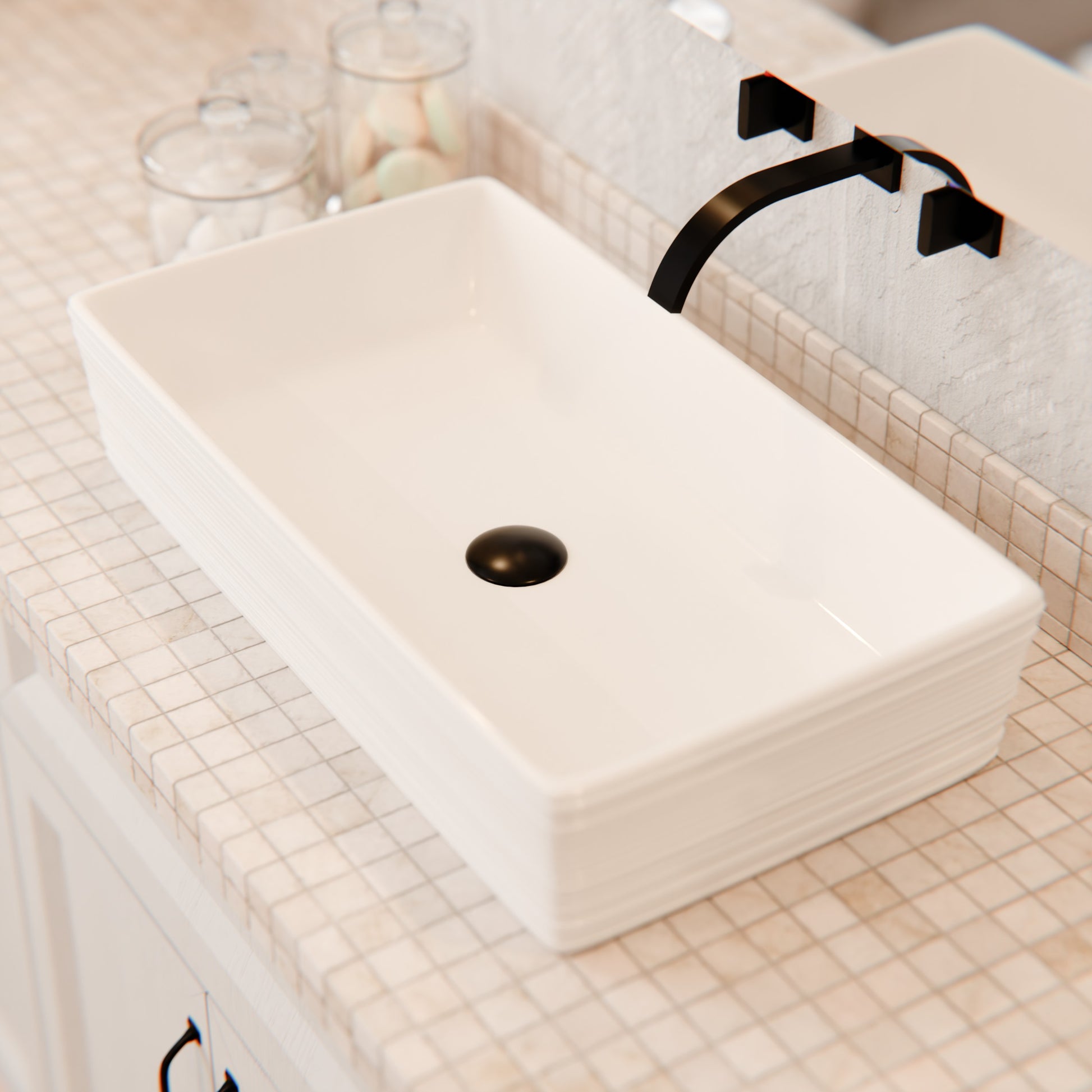 Rectangular white porcelain vessel sink with grooved exterior, Novatto NP-208513, shown with faucet and bathroom setup.