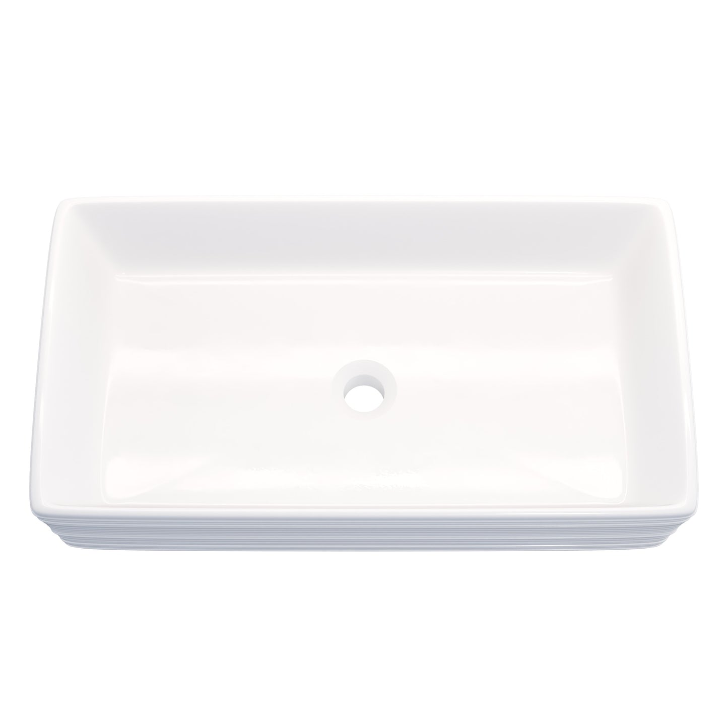 Rectangular white porcelain vessel sink with grooved exterior from Novatto, top view showing smooth interior and textured exterior.
