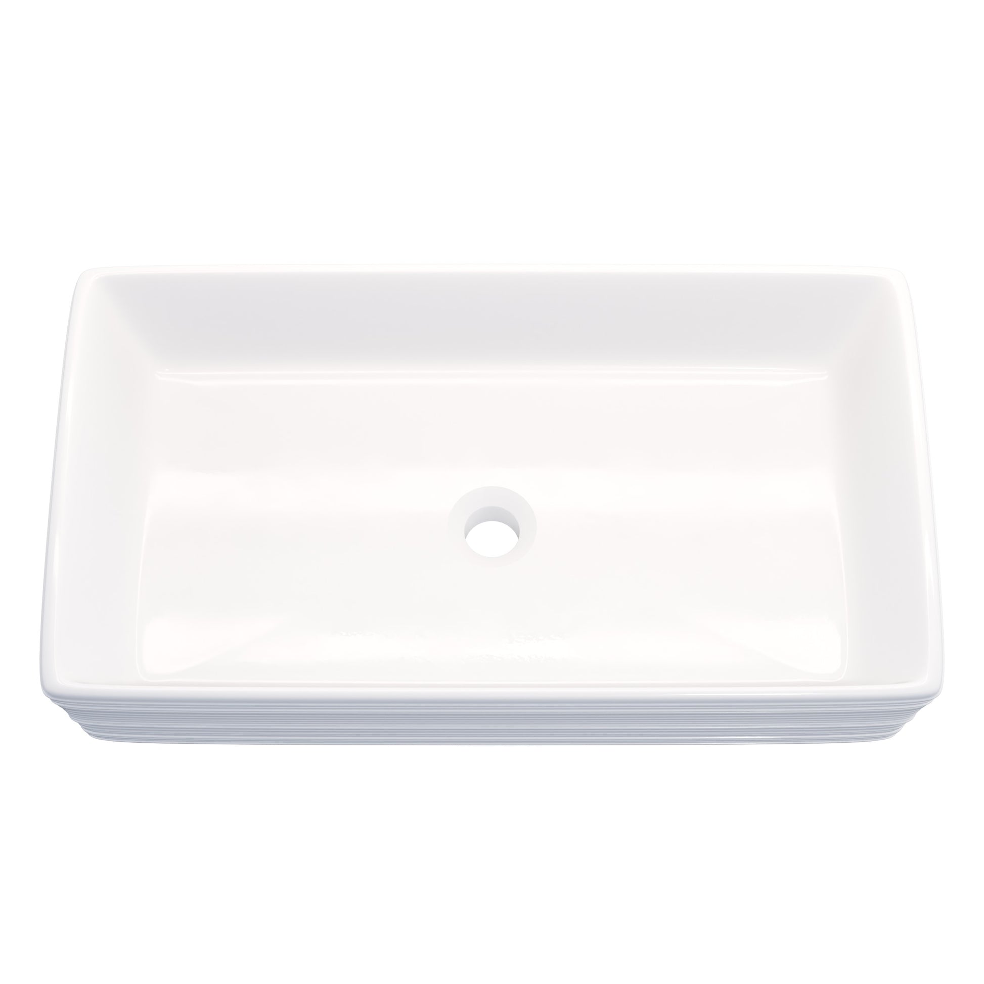 Rectangular white porcelain vessel sink with grooved exterior from Novatto, top view showing smooth interior and textured exterior.