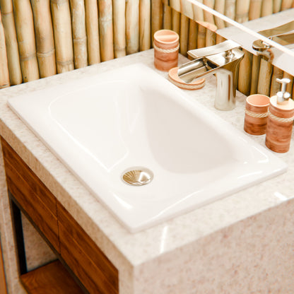 White porcelain rectangular drop-in bathroom sink by Novatto, modern contemporary design with smooth surface and clean lines.