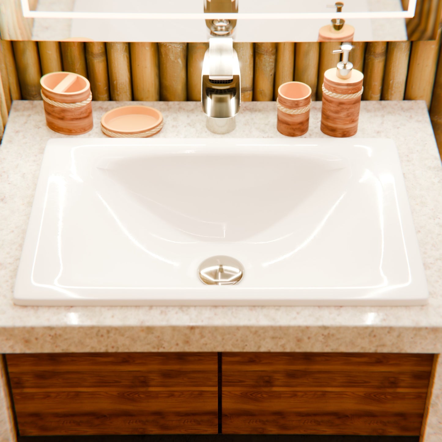 Modern white porcelain rectangular drop-in bathroom sink by Novatto, featuring a sleek contemporary design.