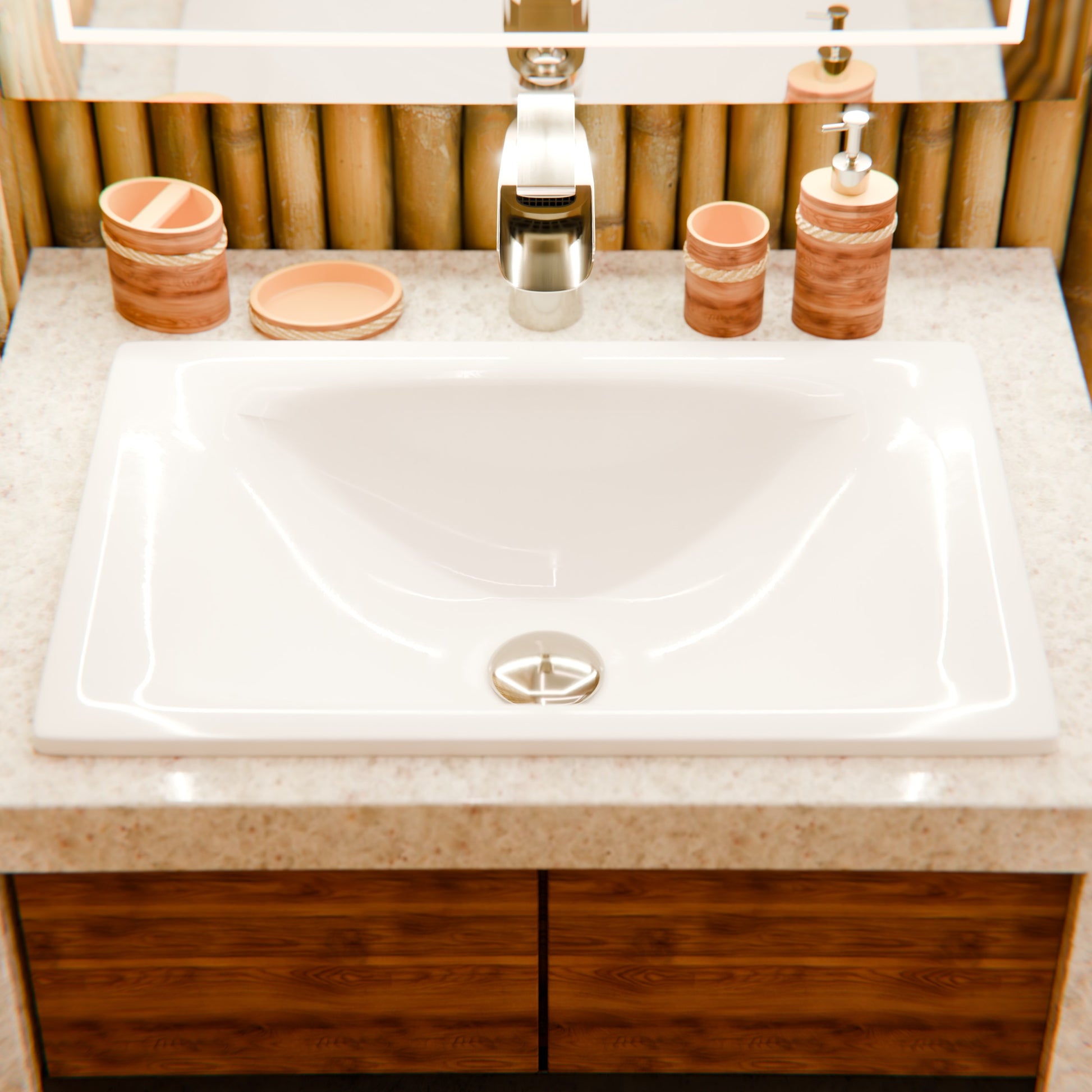 Modern white porcelain rectangular drop-in bathroom sink by Novatto, featuring a sleek contemporary design.