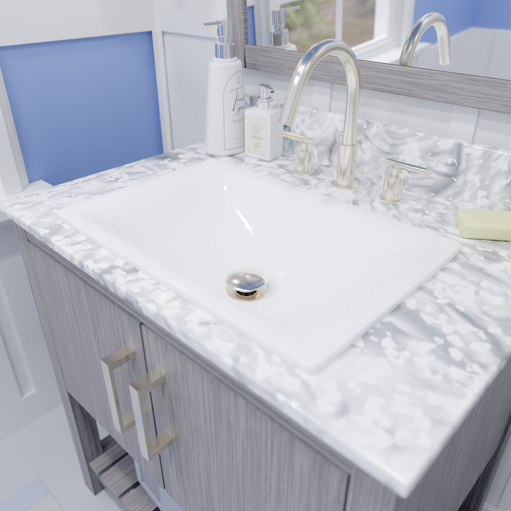 Rectangular white porcelain drop-in bathroom sink by Novatto, modern contemporary design with smooth surface and clean lines.