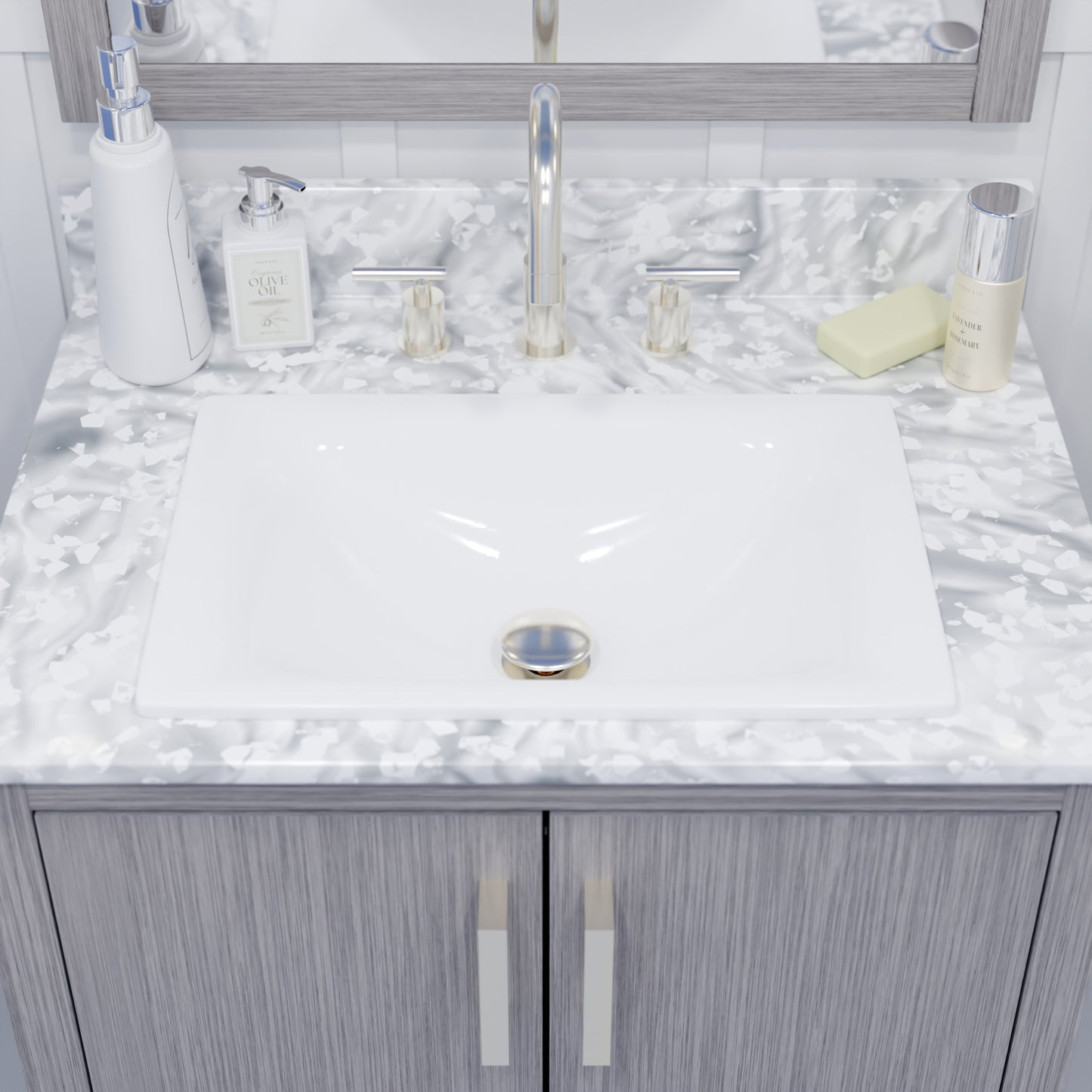 Modern rectangular white porcelain drop-in bathroom sink by Novatto, sleek contemporary design with smooth surface and clean lines.
