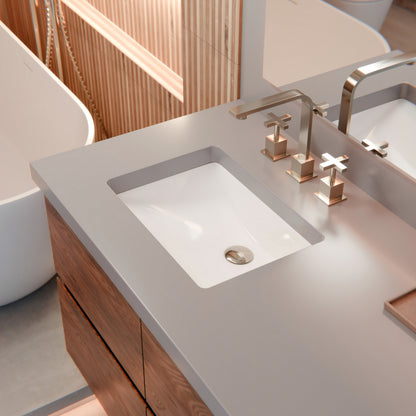 Rectangular white porcelain vessel sink with overflow, Novatto NP-U193906 undermount design, shown from above.