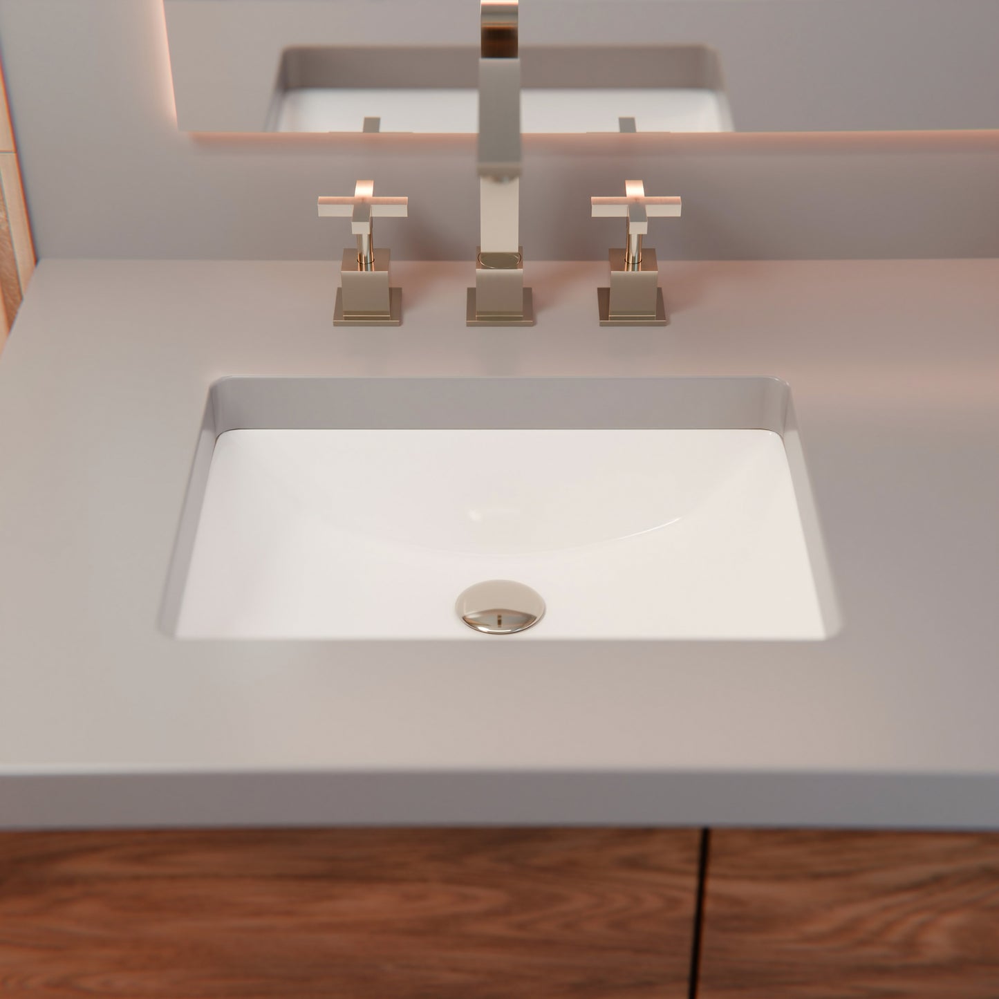 White porcelain rectangular undermount vessel sink with overflow, Novatto NP-U193906, shown in a clean, modern bathroom setting