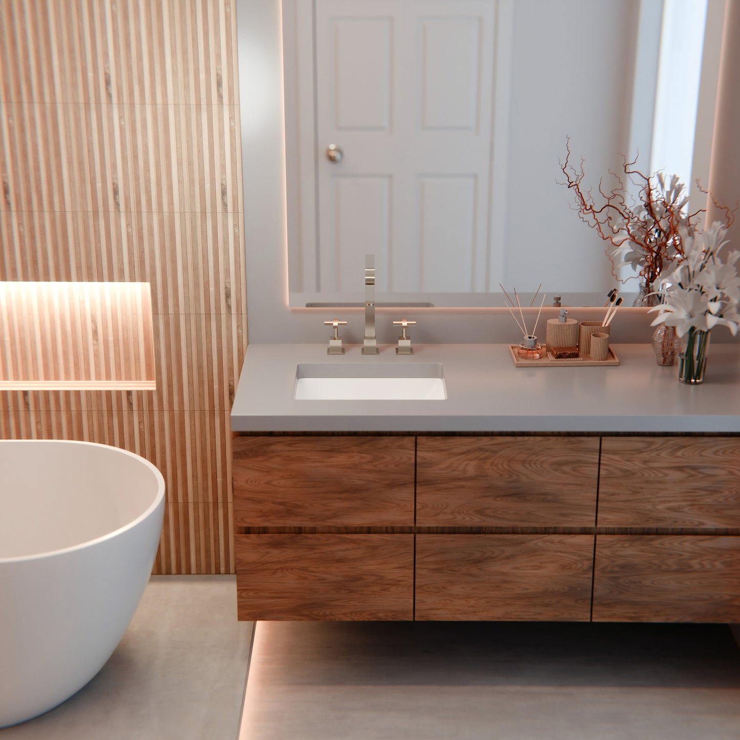 White rectangular undermount porcelain vessel sink with overflow, Novatto NP-U193906, shown in a bathroom setting