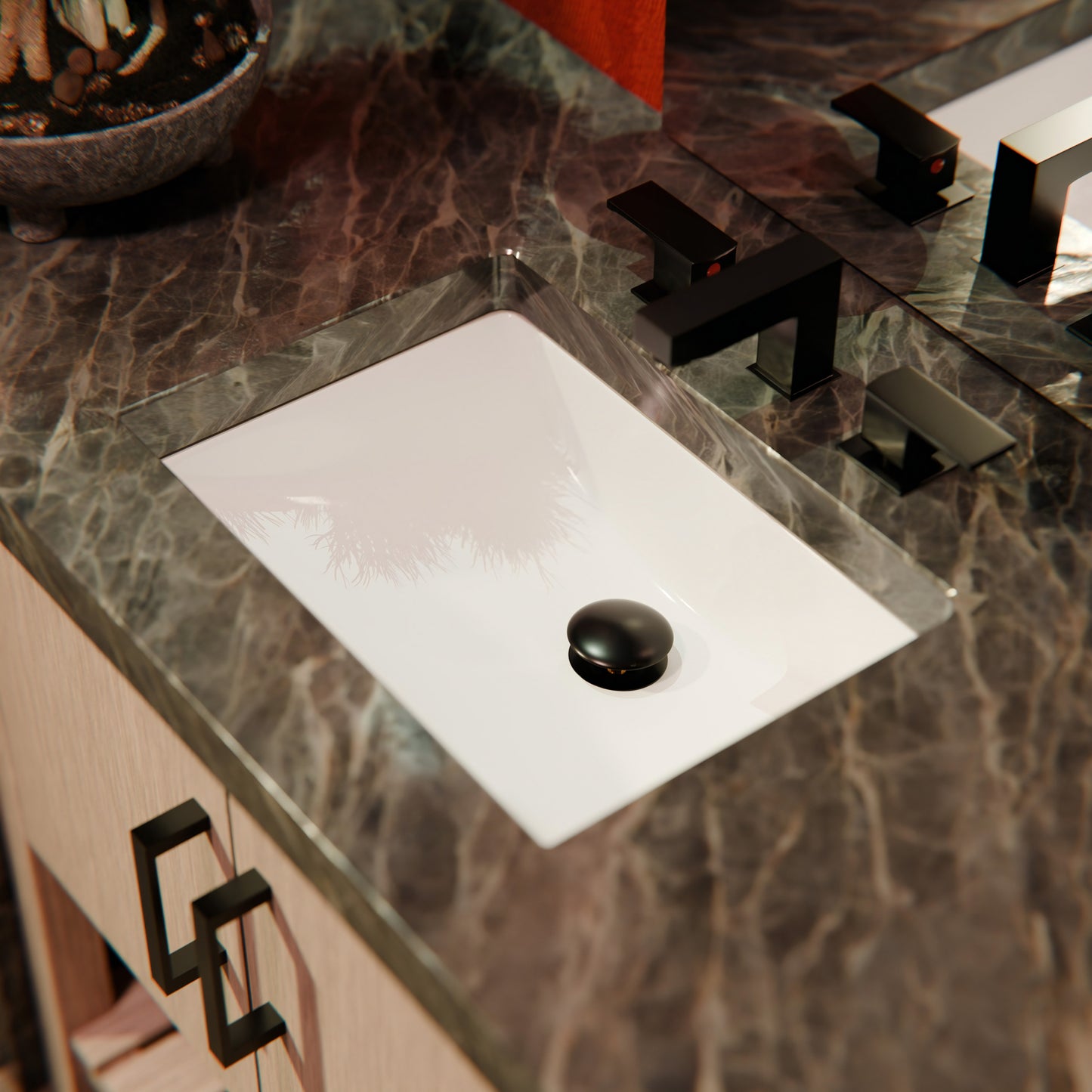 Rectangular white porcelain vessel sink with overflow, undermount design by Novatto, shown with red fabric background.
