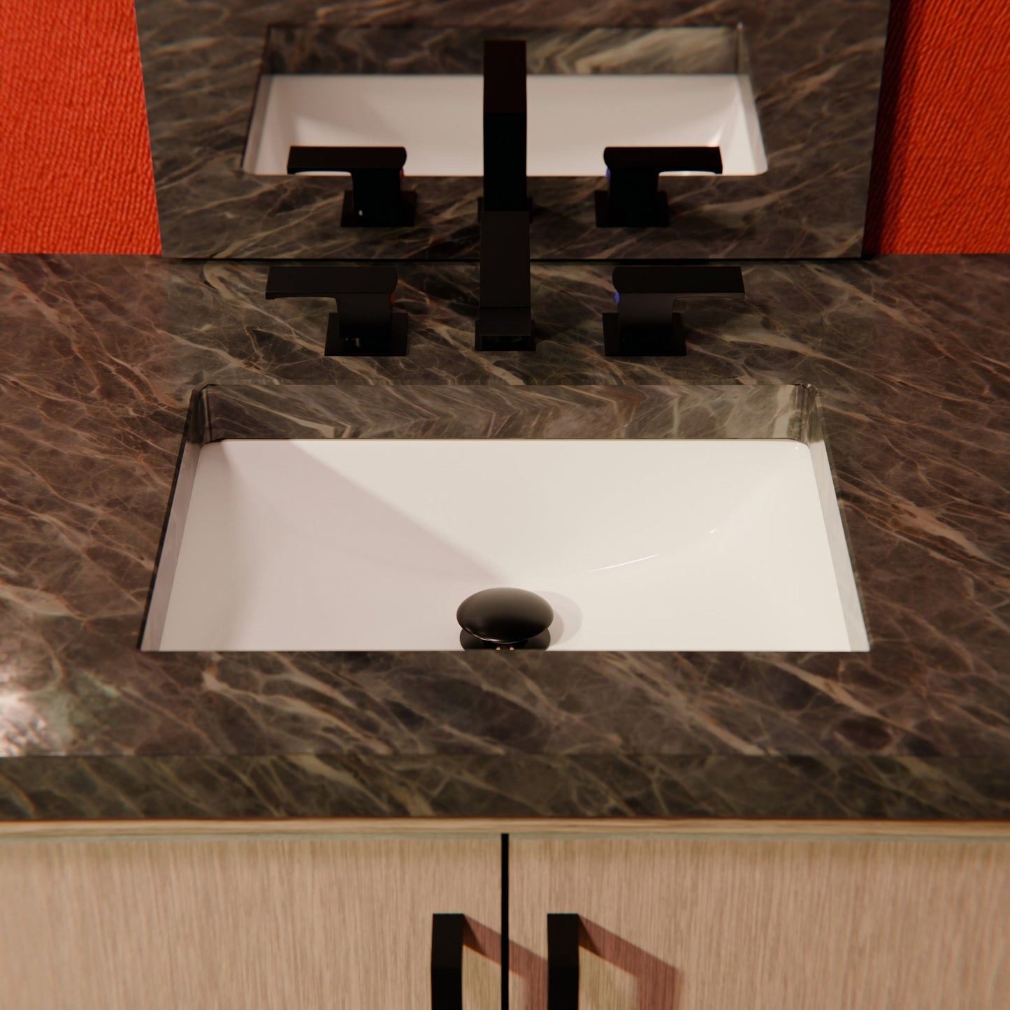 Rectangular white porcelain vessel sink with overflow and undermount design, suitable for modern bathrooms by Novatto.