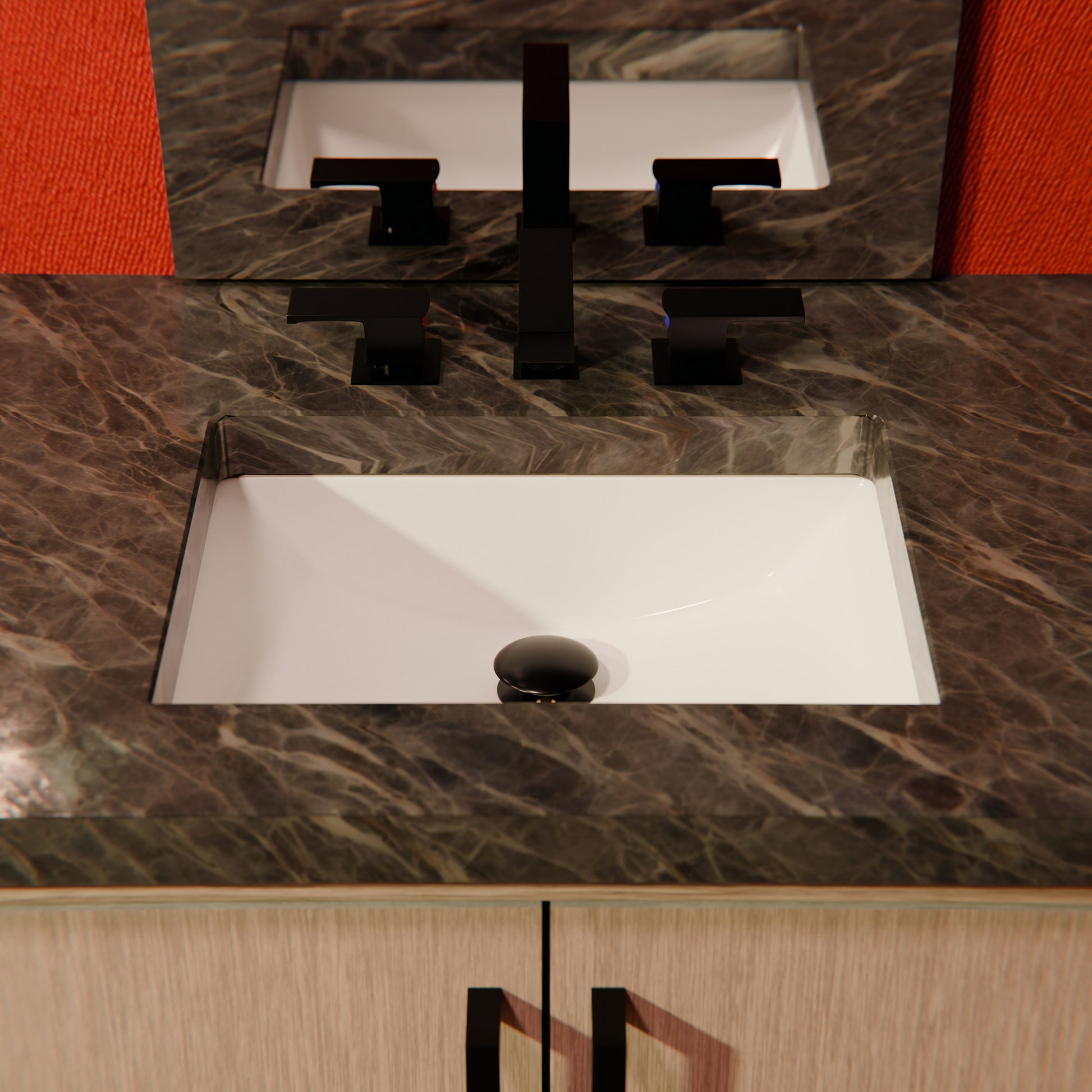 Rectangular white porcelain vessel sink with overflow and undermount design, suitable for modern bathrooms by Novatto.