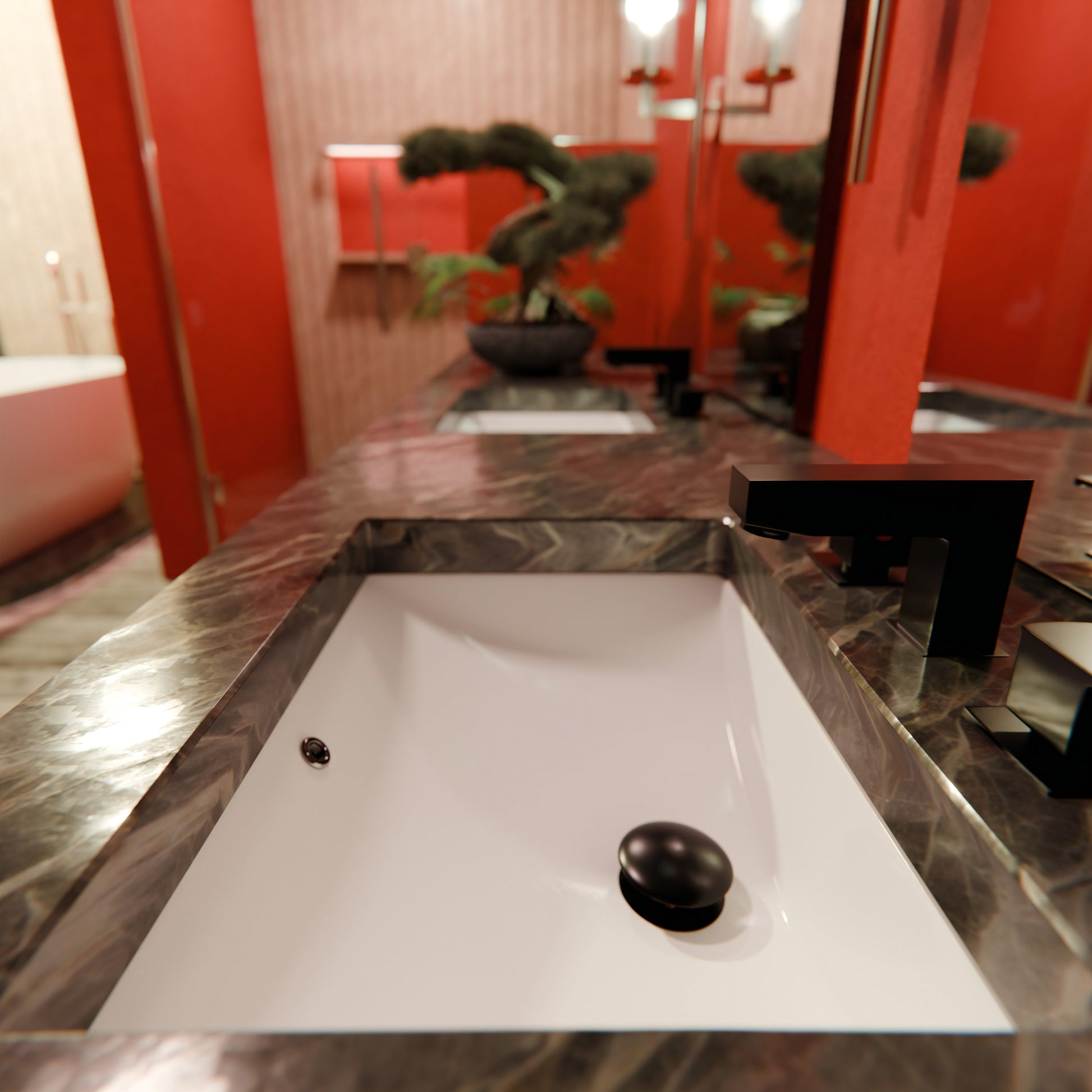White rectangular undermount porcelain vessel sink with overflow, designed by Novatto for modern bathroom setups.