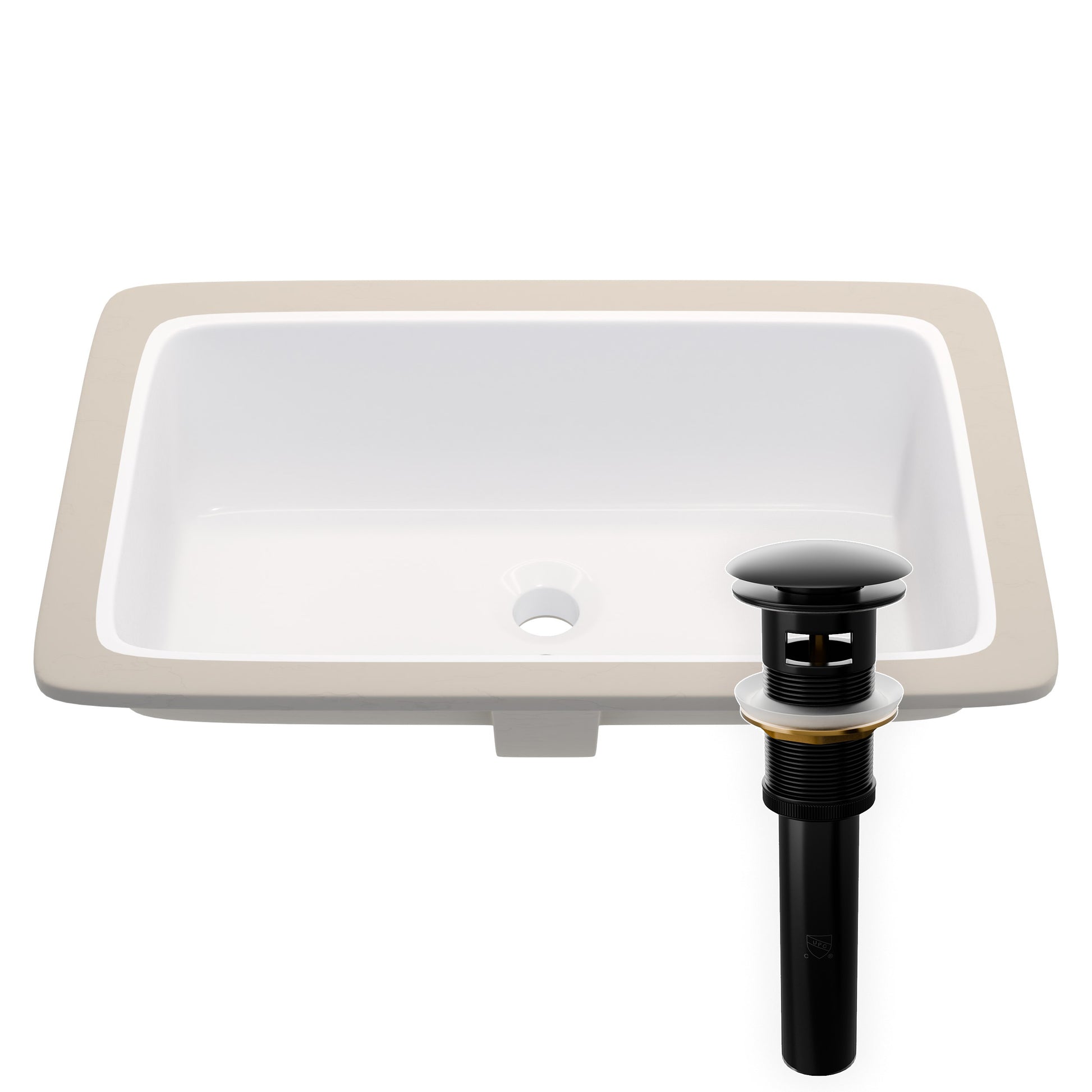 White rectangular undermount porcelain sink with overflow, Novatto NP-U233921, shown installed with smooth clean edges