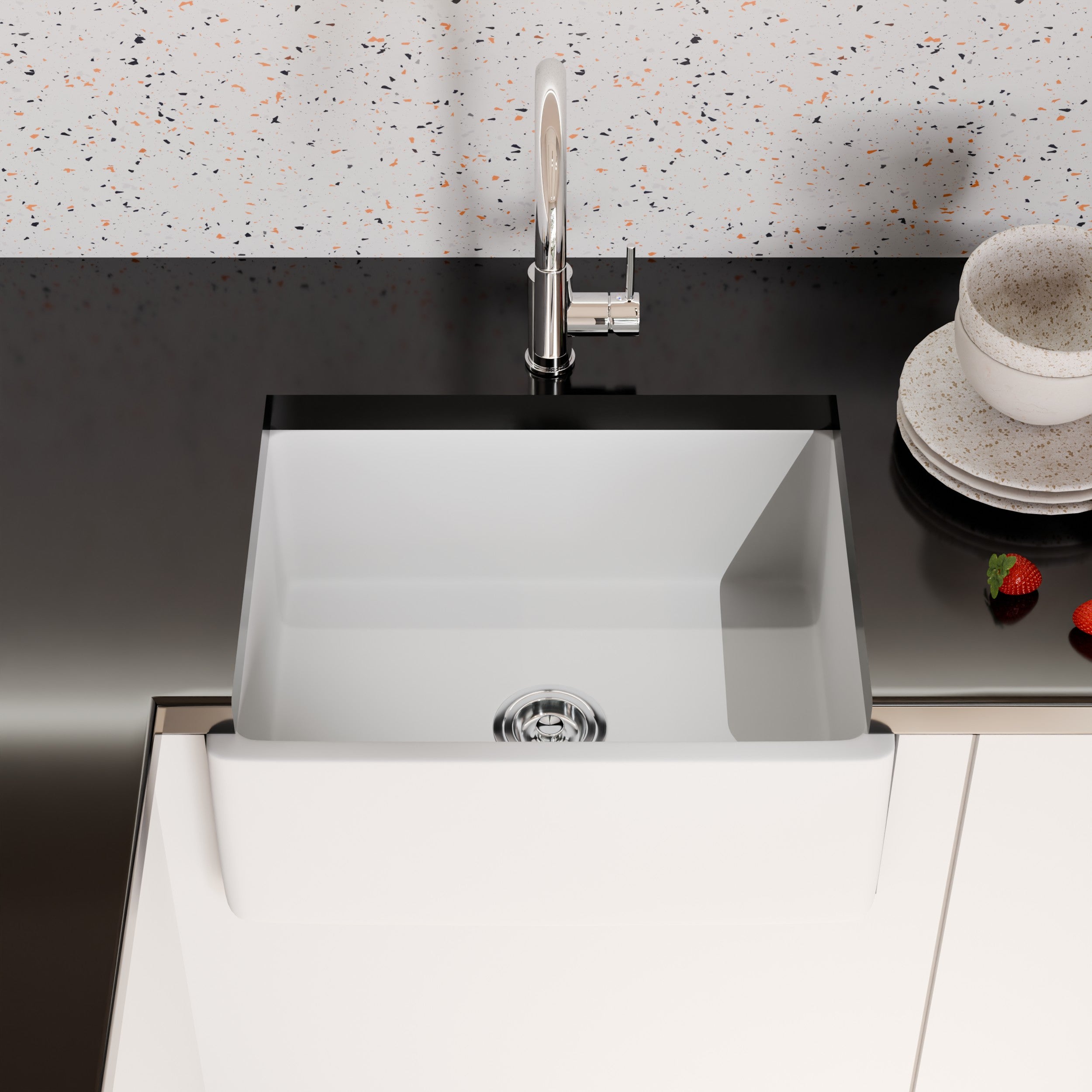 24-Inch Single Bowl Farmhouse Fireclay Kitchen Sink w/Apron, NPK