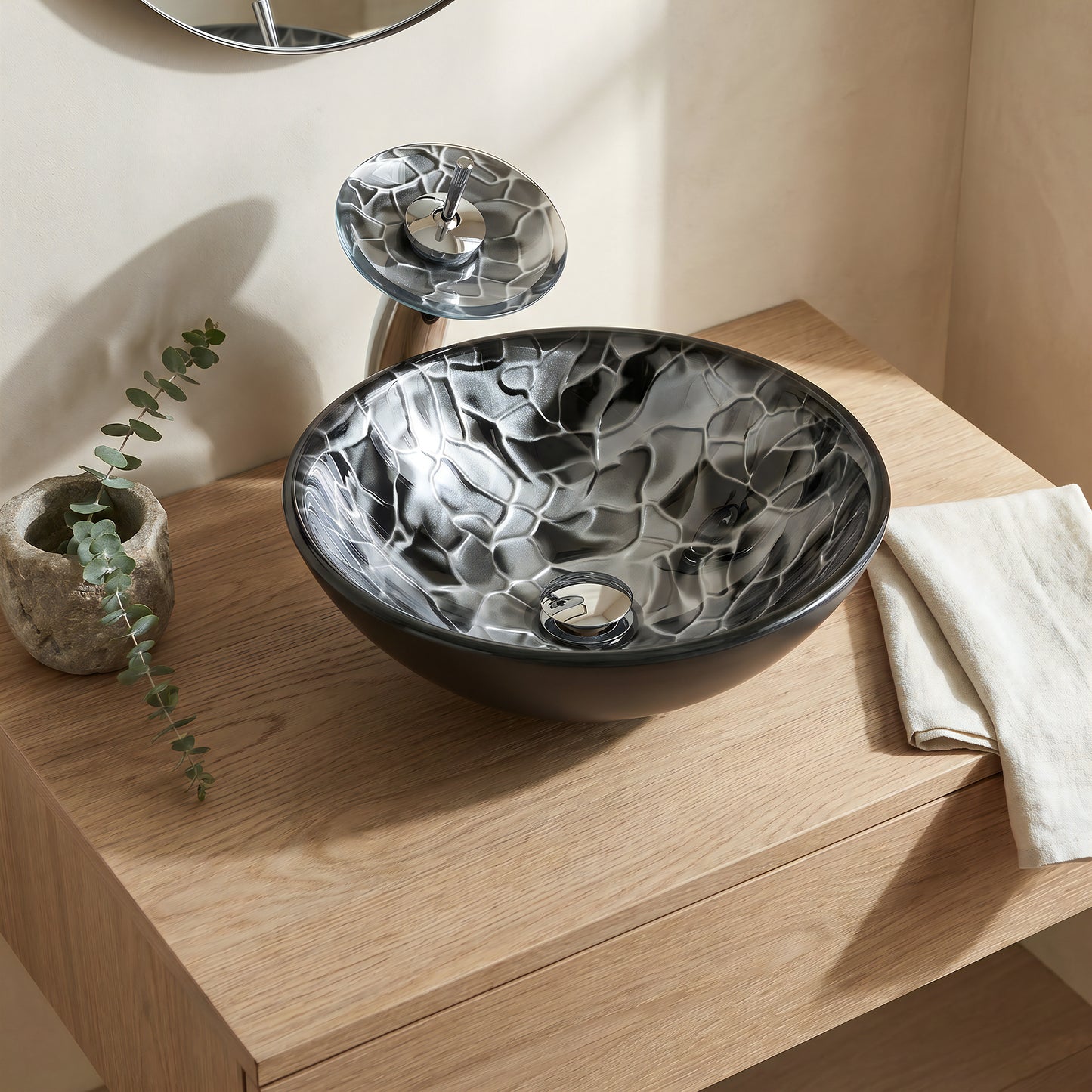Round black glass hand-painted bathroom sink from Novatto's modern bath combo series, featuring a sleek and stylish design.