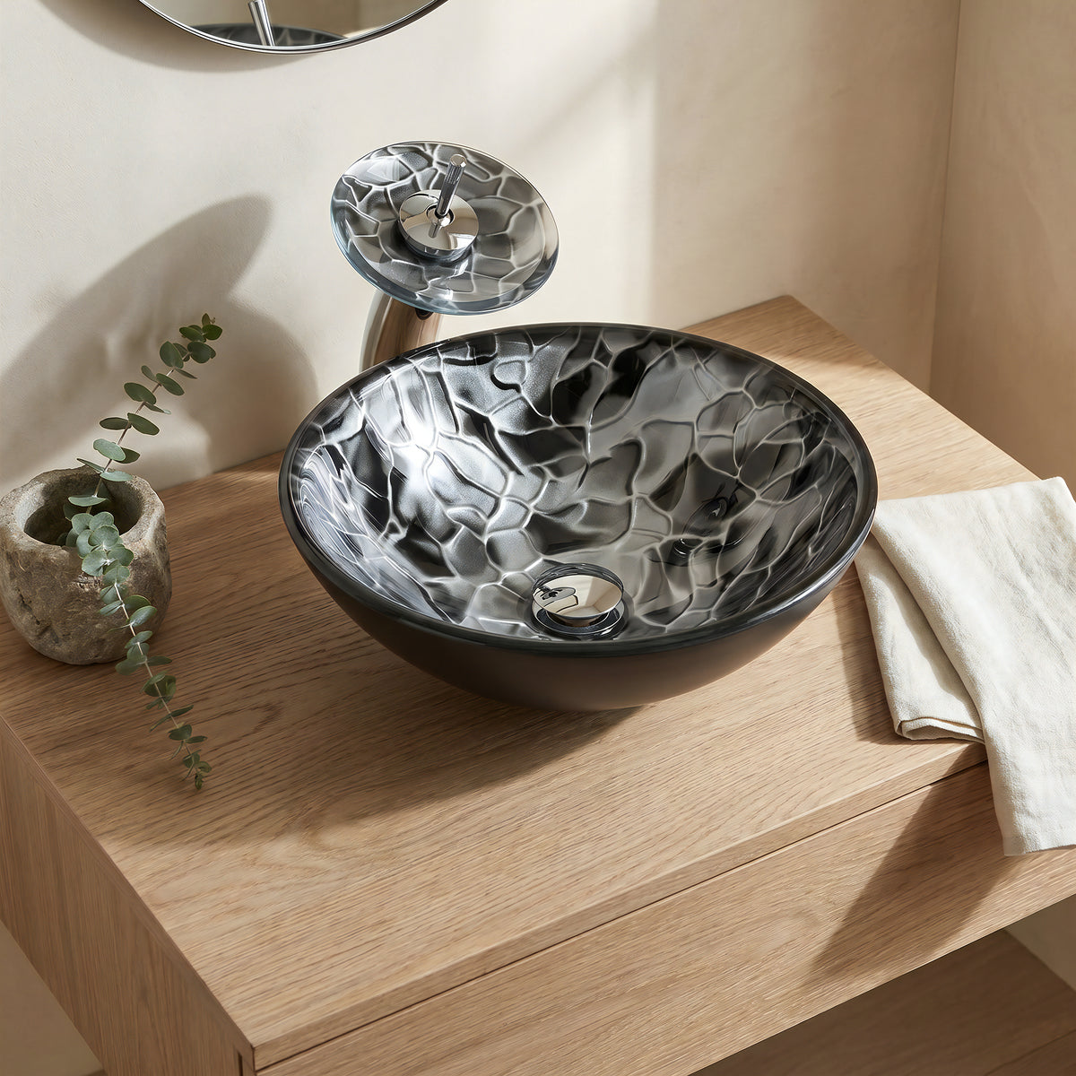 Round black glass hand-painted bathroom sink from Novatto's modern bath combo series, featuring a sleek and stylish design.