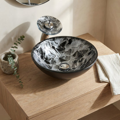 Round black glass hand-painted bathroom sink from Novatto's modern bath combo series, featuring a sleek and stylish design.