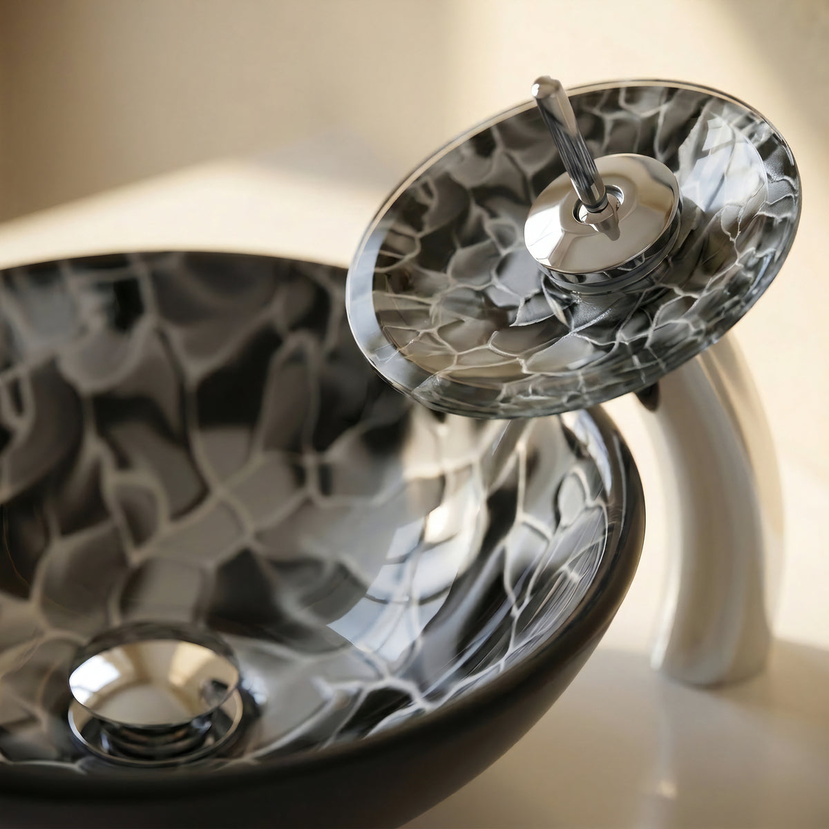 Round black glass bathroom sink and modern combo set by Novatto, hand painted with sleek, contemporary design.