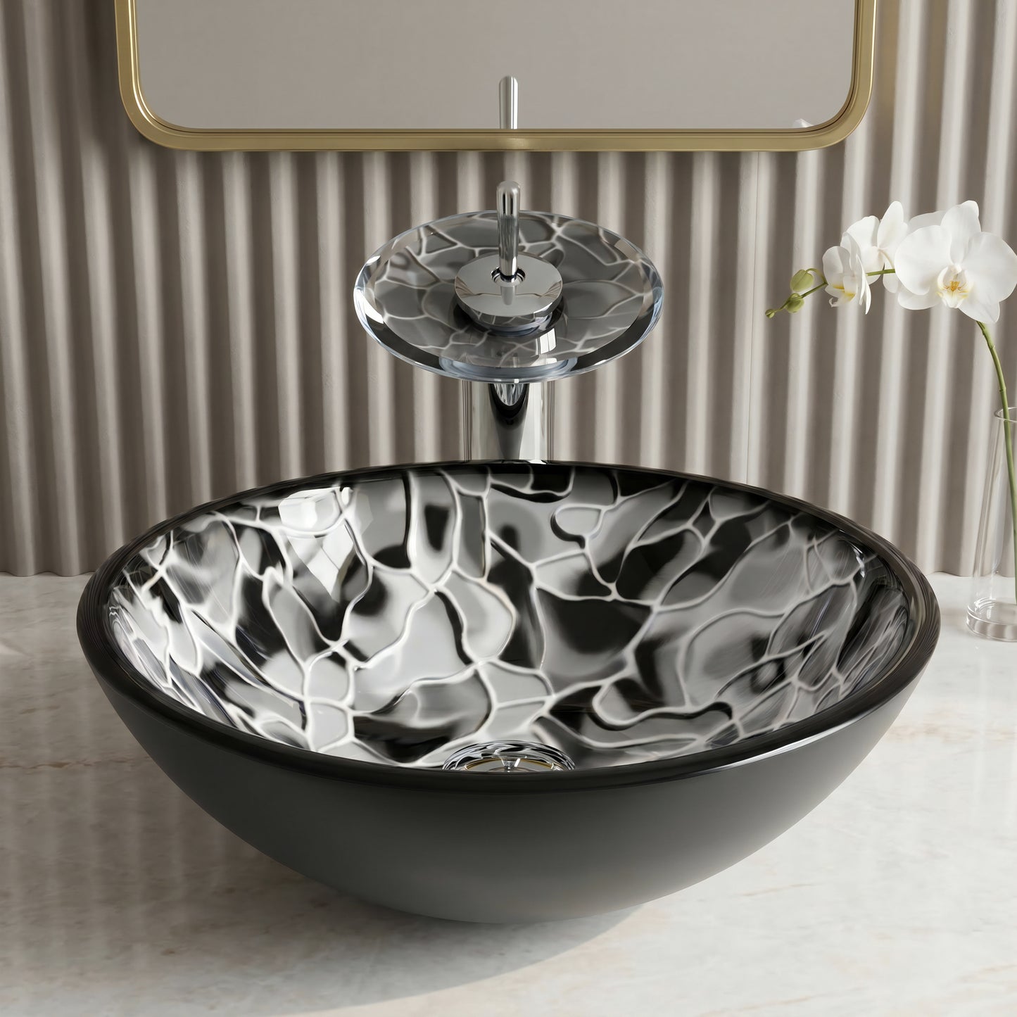 Round black glass bathroom sink from Novatto's modern hand-painted bath sink combo series, showcasing a sleek, glossy design.