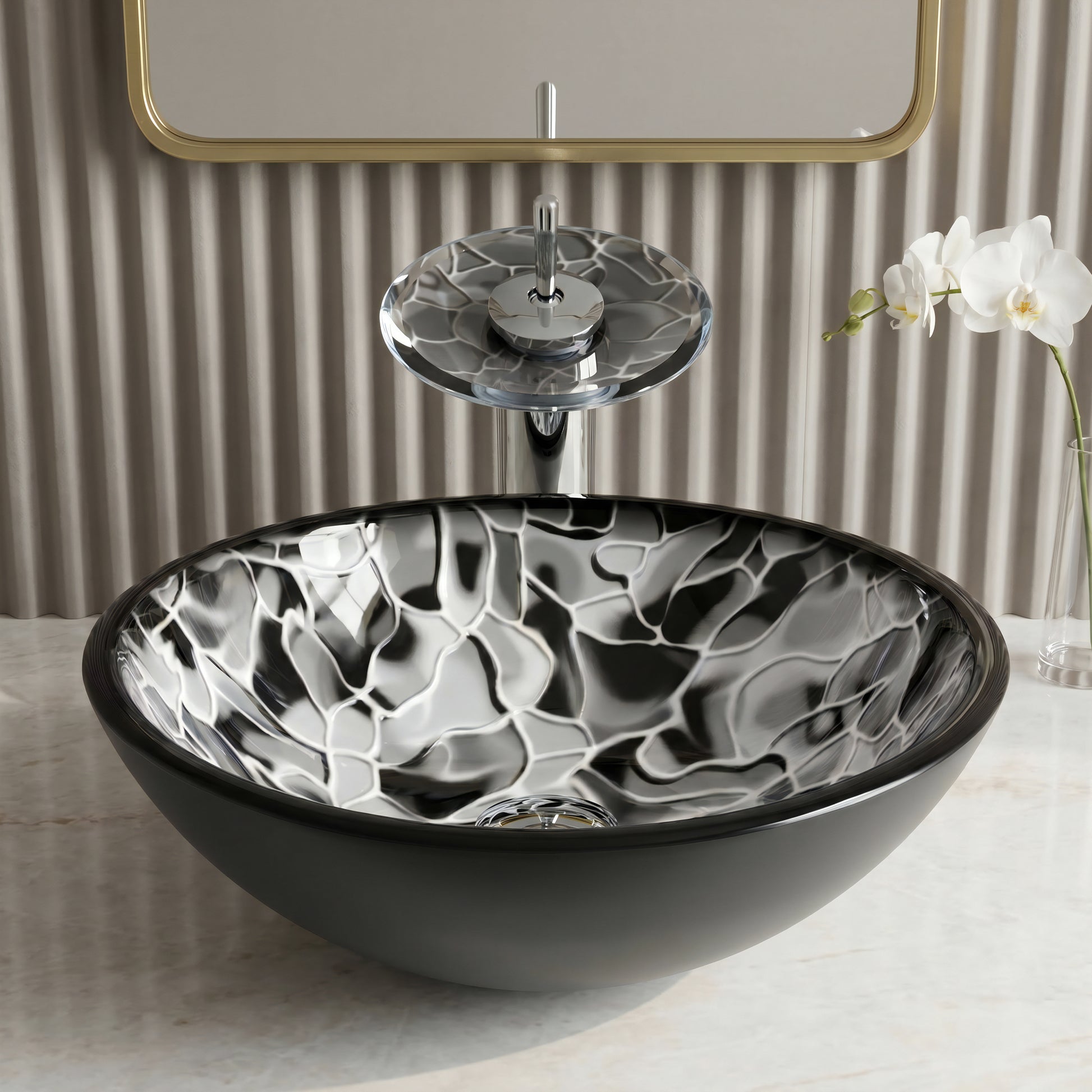 Round black glass bathroom sink from Novatto's modern hand-painted bath sink combo series, showcasing a sleek, glossy design.