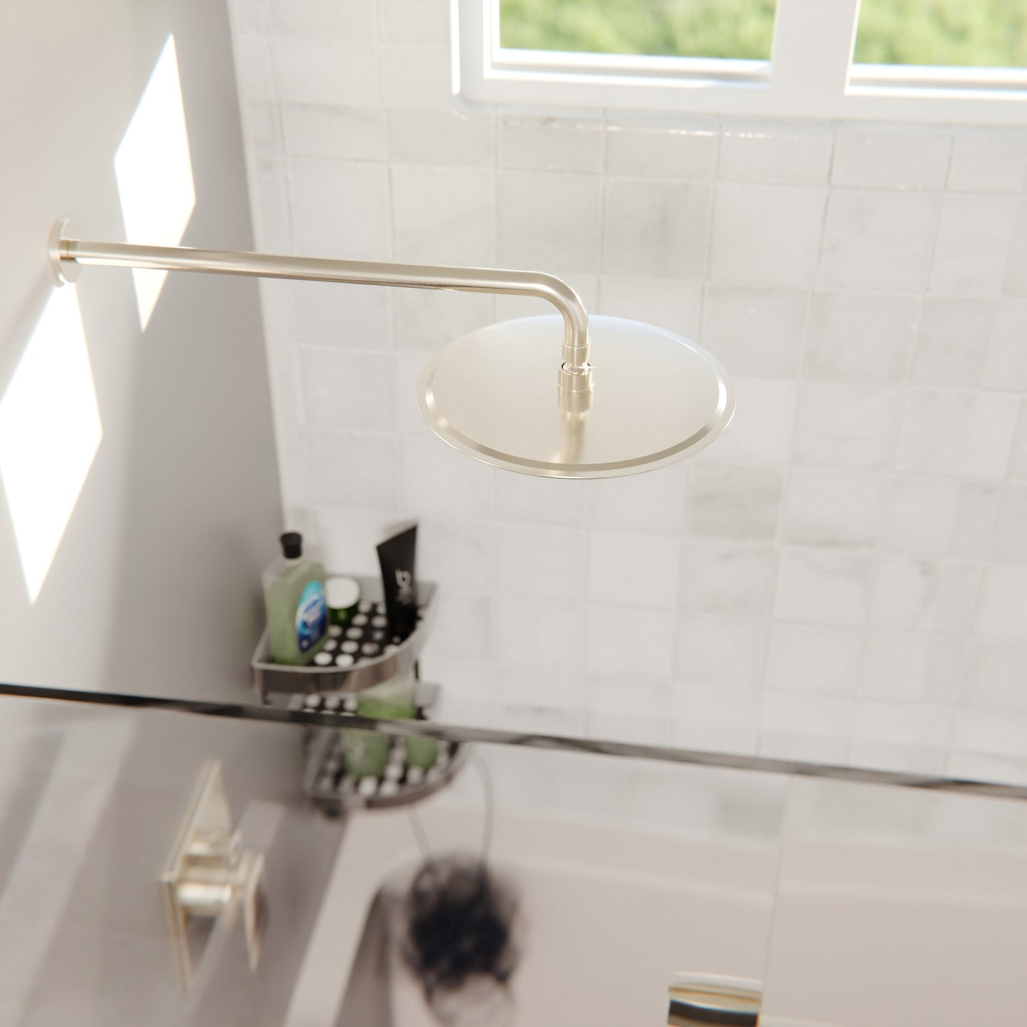 Novatto 10-inch round rainfall shower head in chrome, designed for shower and bathtub use, with a sleek modern finish.