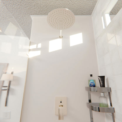 Novatto 10-inch round rainfall shower head for shower and bathtub use, showcasing sleek chrome finish and smooth water flow.