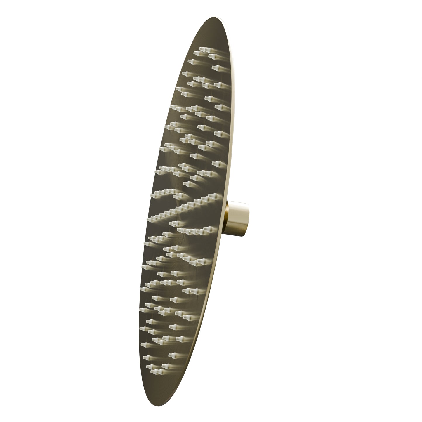 Novatto 10-inch round rainfall shower head, shower and bathtub series, mounted on a bathroom wall with water flowing.