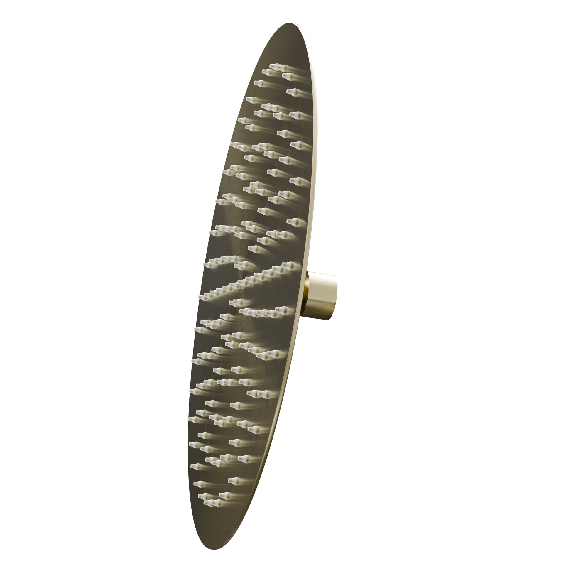 Novatto 10-inch round rainfall shower head, shower and bathtub series, mounted on a bathroom wall with water flowing.