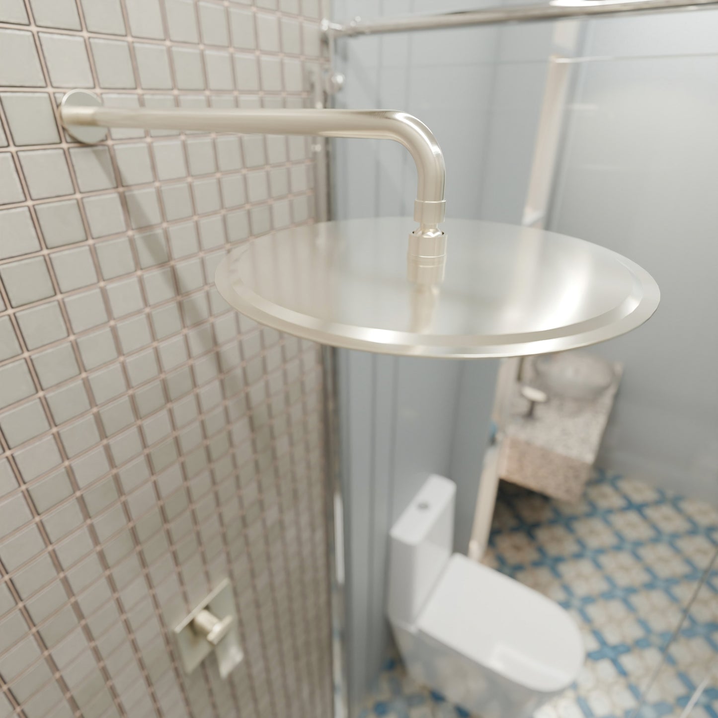 Novatto 12-inch round rainfall shower head for shower and bathtub, featuring a sleek chrome finish and multiple spray settings.
