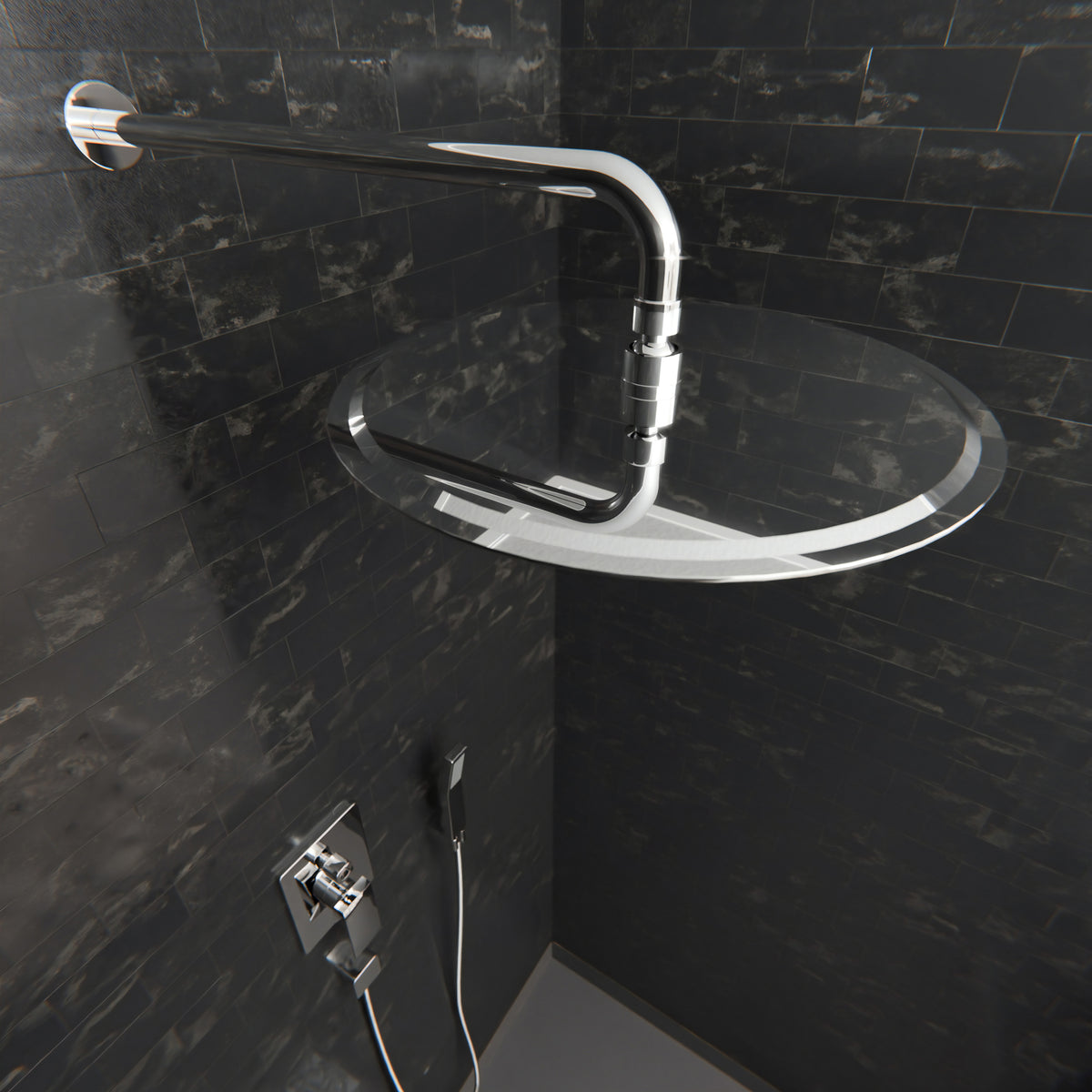 Round 12-inch rainfall shower head by Novatto, designed for shower and bathtub use, with a sleek chrome finish.