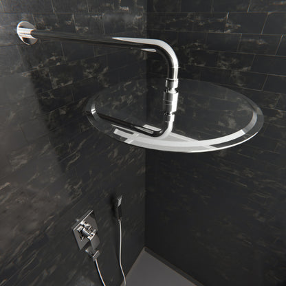 Round 12-inch rainfall shower head by Novatto, designed for shower and bathtub use, with a sleek chrome finish.