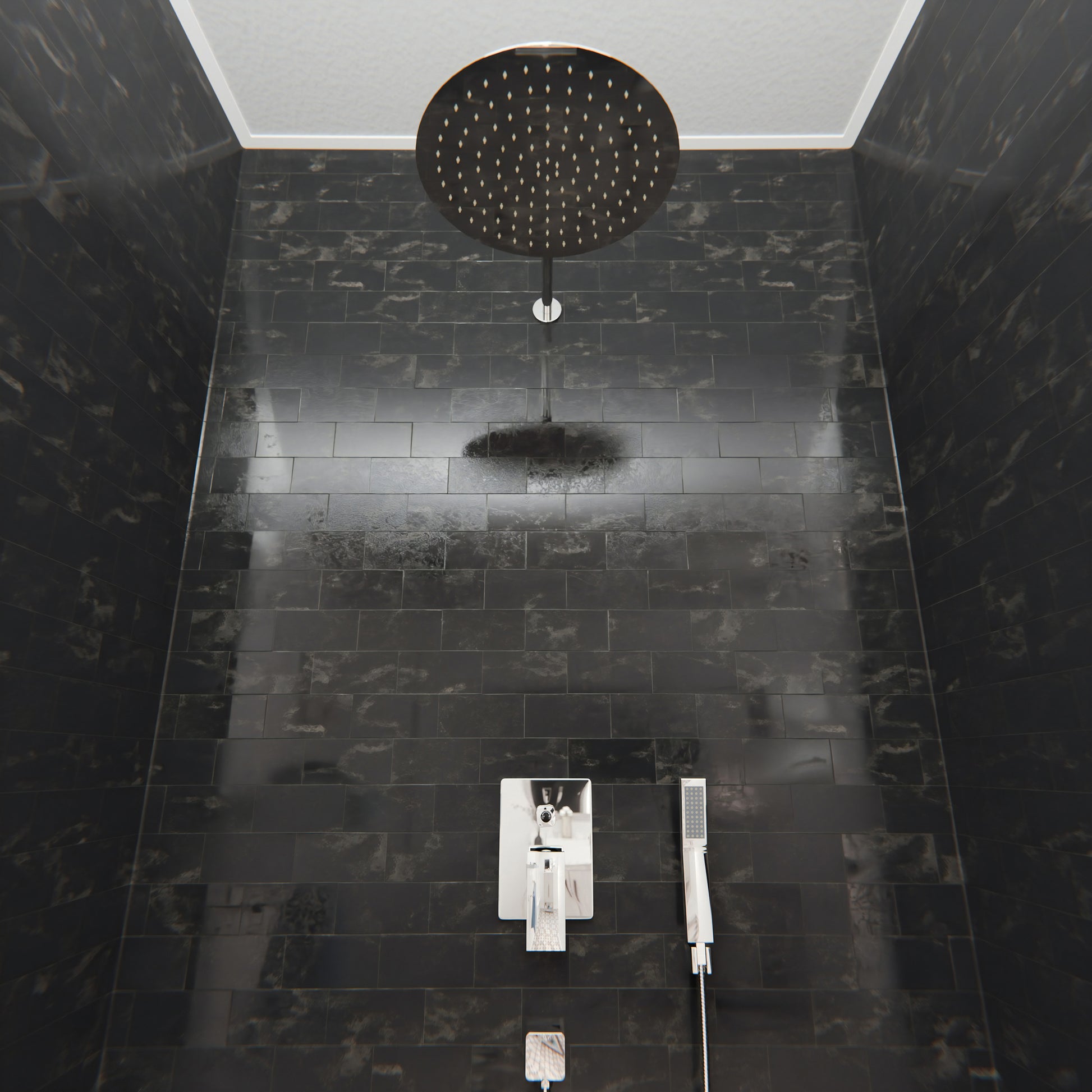 Round rainfall shower head by Novatto, 12-inch diameter, designed for shower and bathtub use, with a sleek chrome finish.