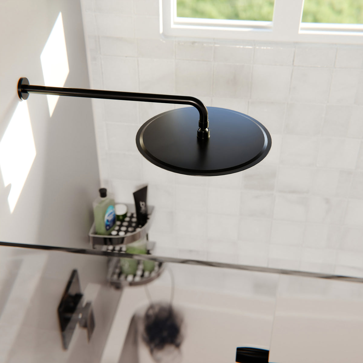 Round 12-inch rainfall shower head by Novatto, mounted in a bathroom with water flowing from the rainfall-style shower spray.