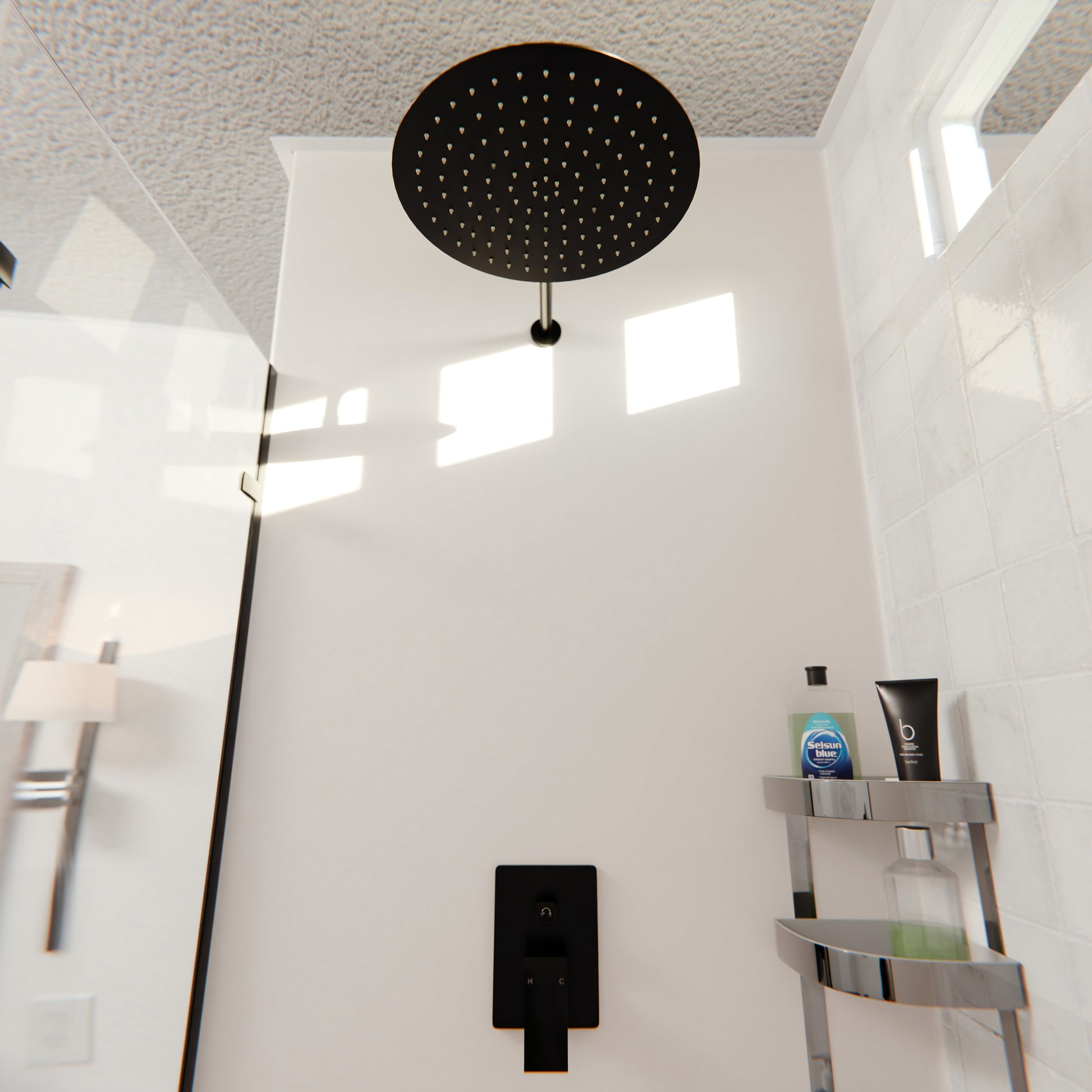 Round 12-inch rainfall shower head by Novatto, designed for shower and bathtub use, shown in a sleek chrome finish.