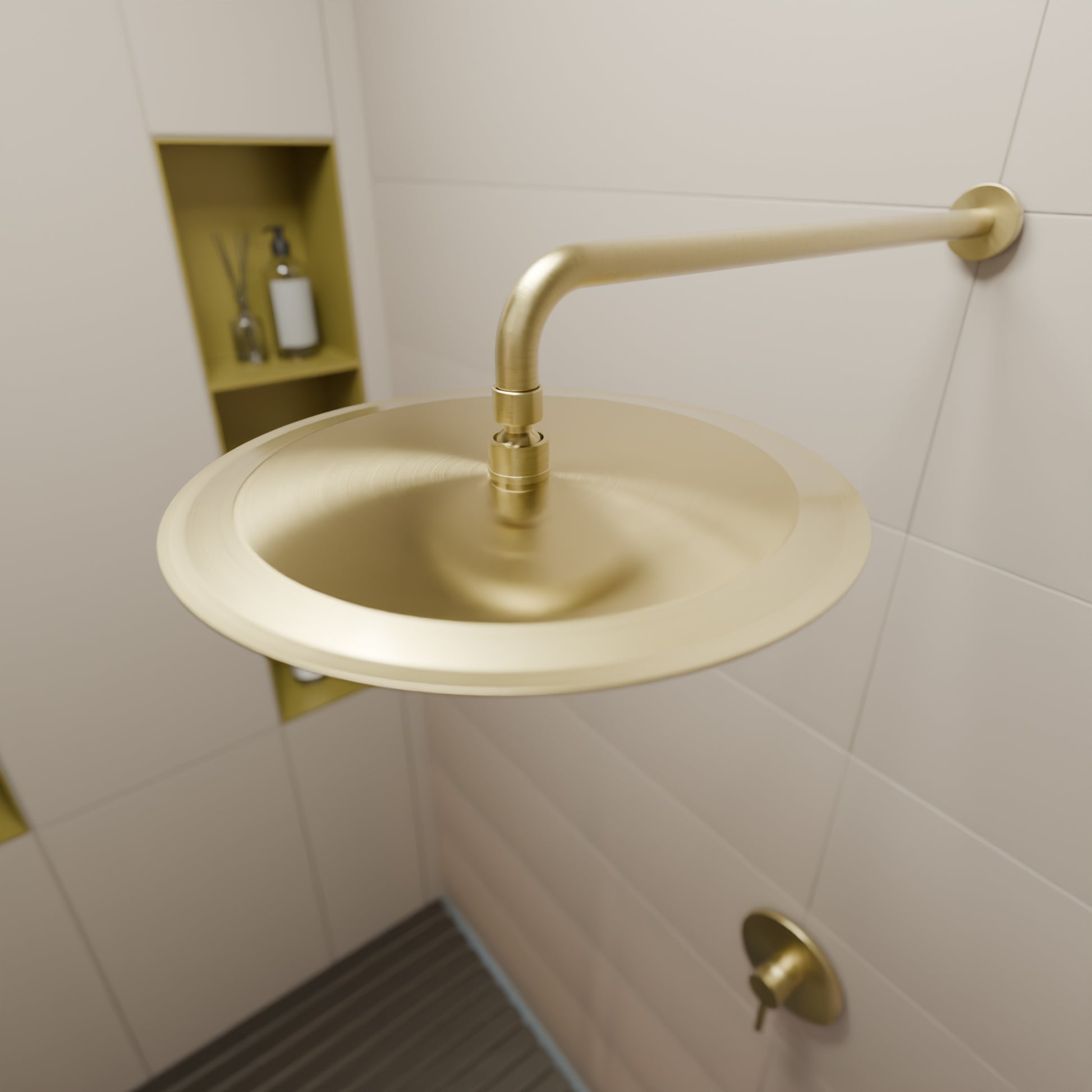 Novatto 12-inch round rainfall shower head for shower and bathtub, with sleek design and water flow pattern.