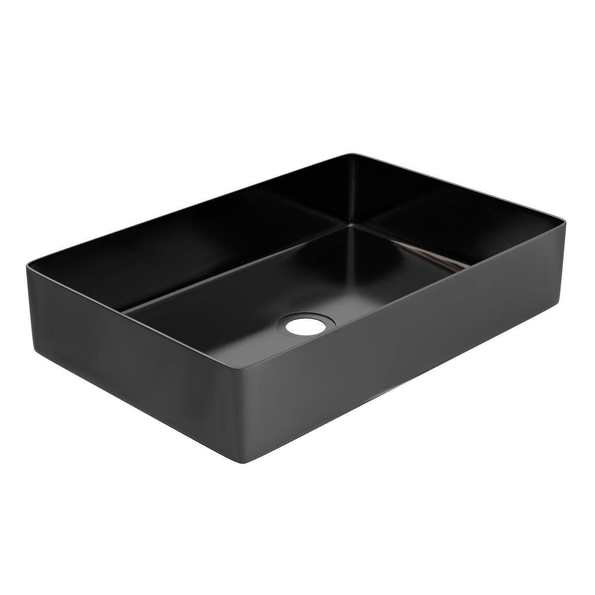 Rectangular stainless steel bathroom sink in gun metal black with modern design by Novatto, featuring sleek, durable vessel style.