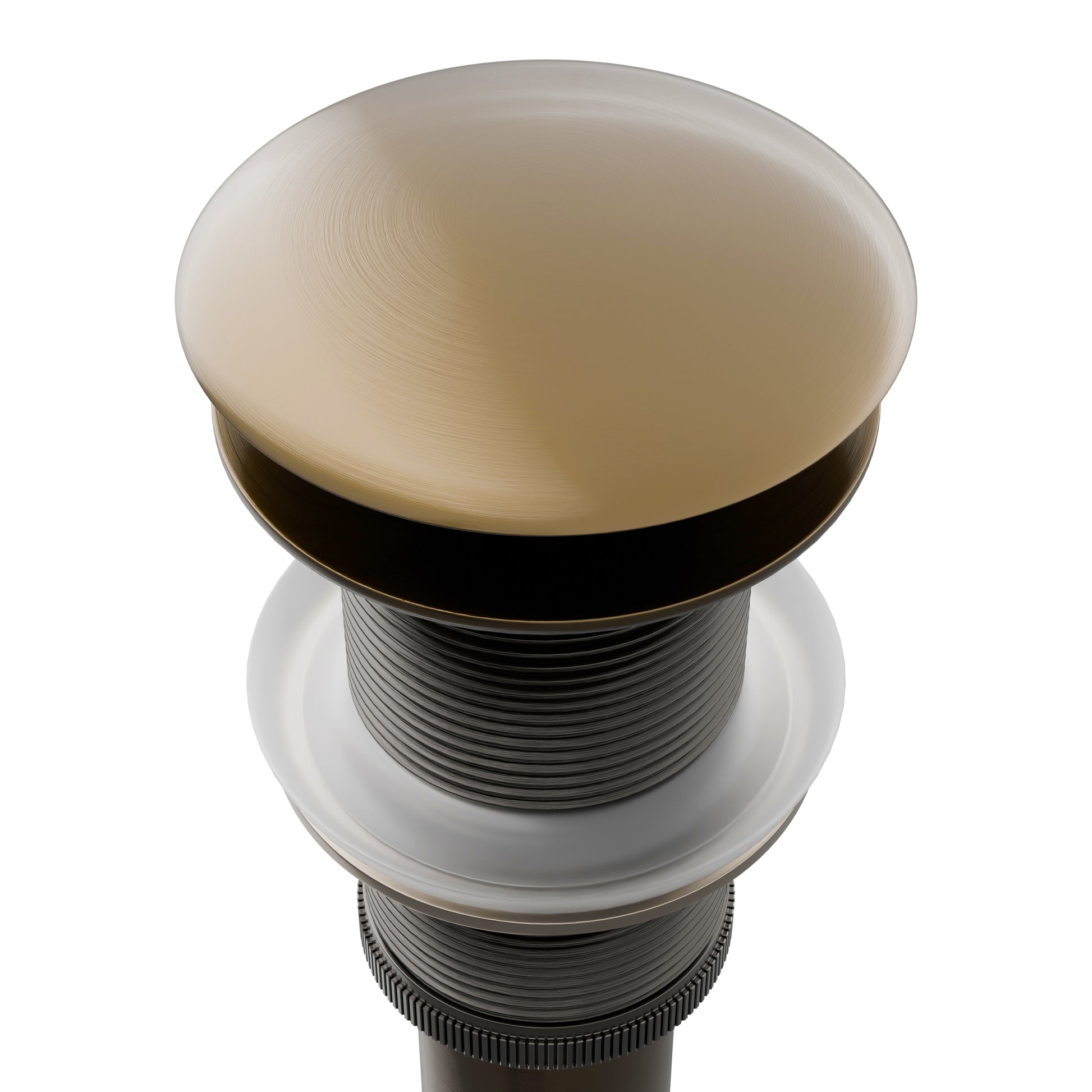 Close-up of Novatto PUD Series pop-up drain accessory without overflow, showing polished metal finish and detailed construction.