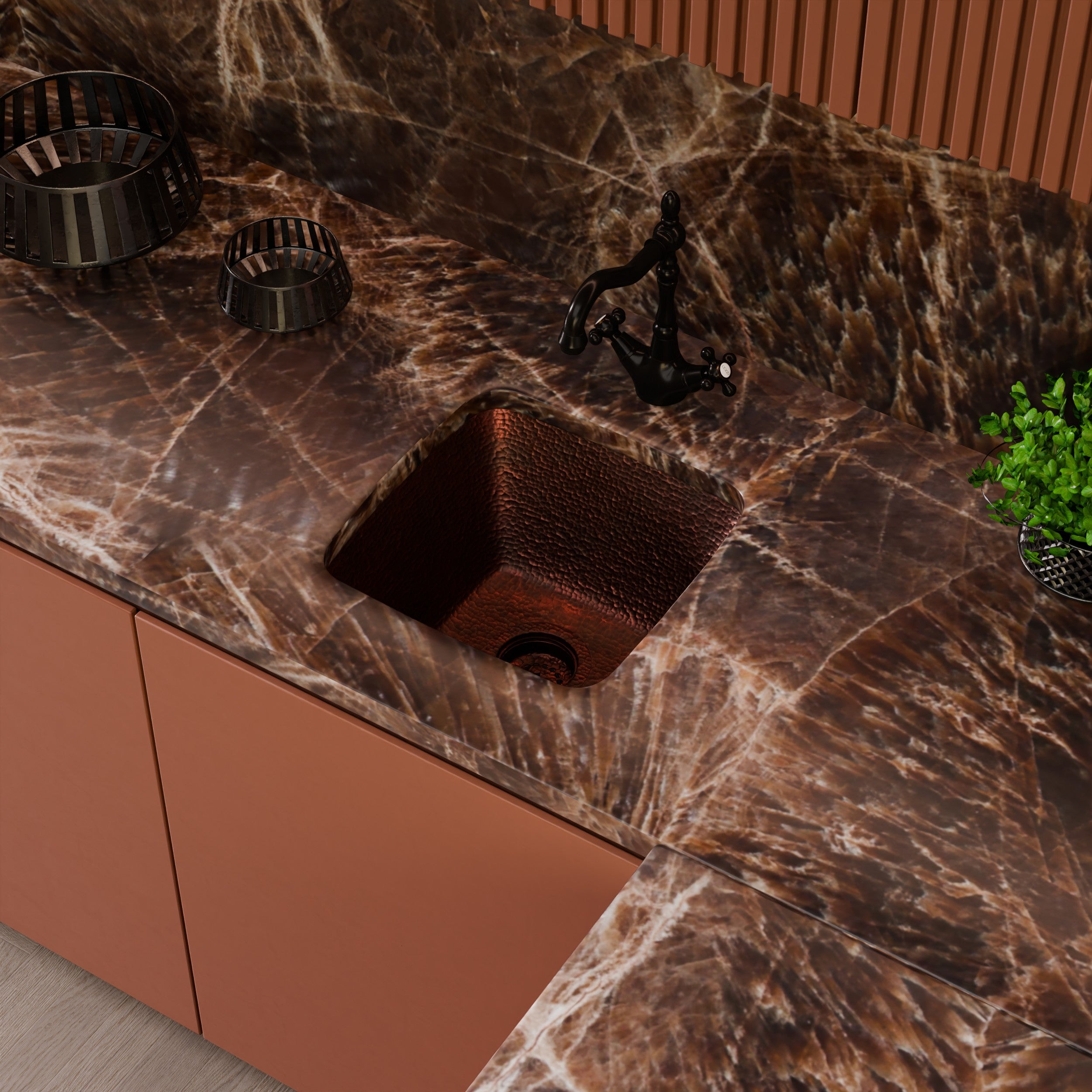 Square Hammered Copper Bar Sink, TCB-003AN | Novatto