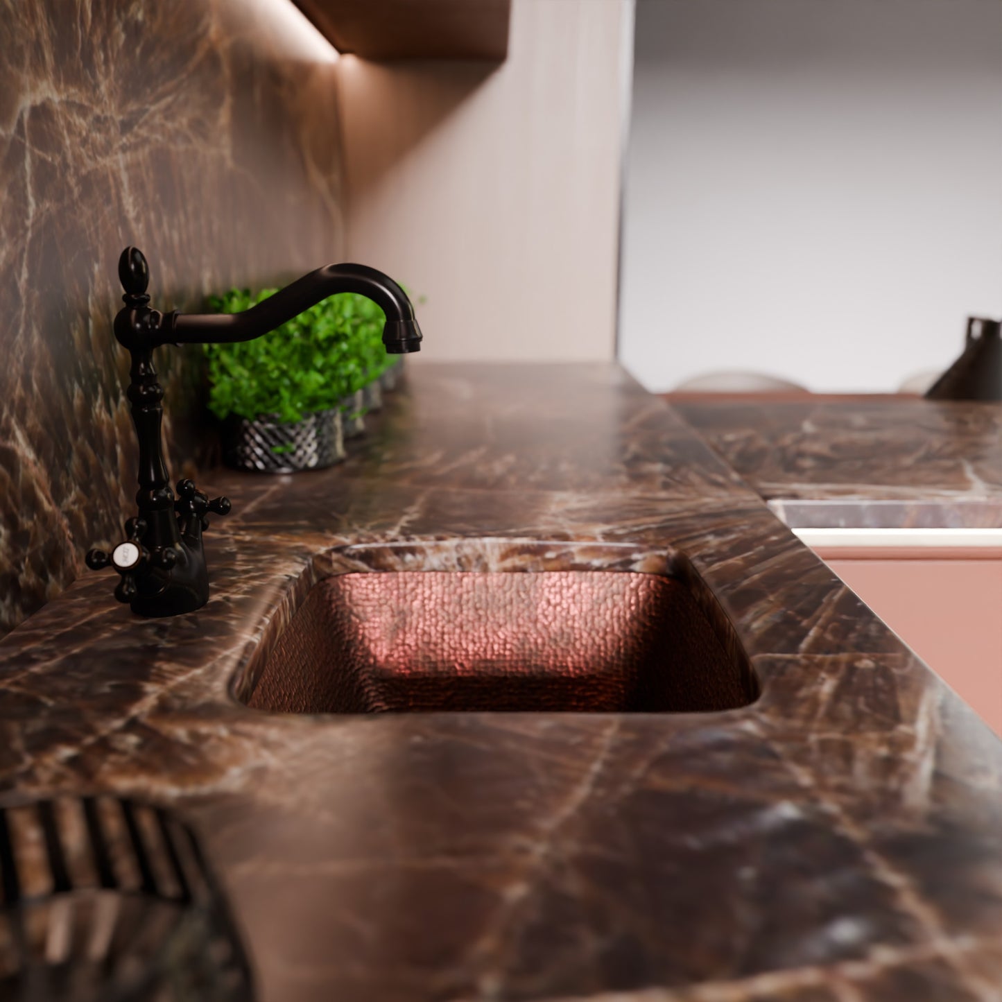 Square Hammered Copper Bar Sink, TCB-003AN