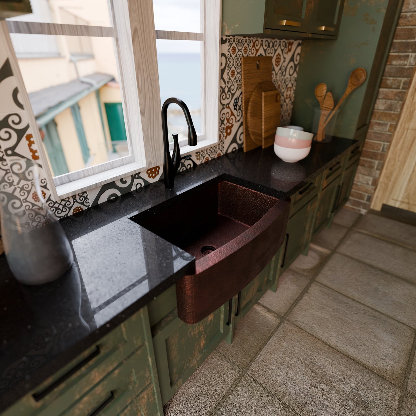 Curved Front Copper Kitchen Sink, TCK-008AN