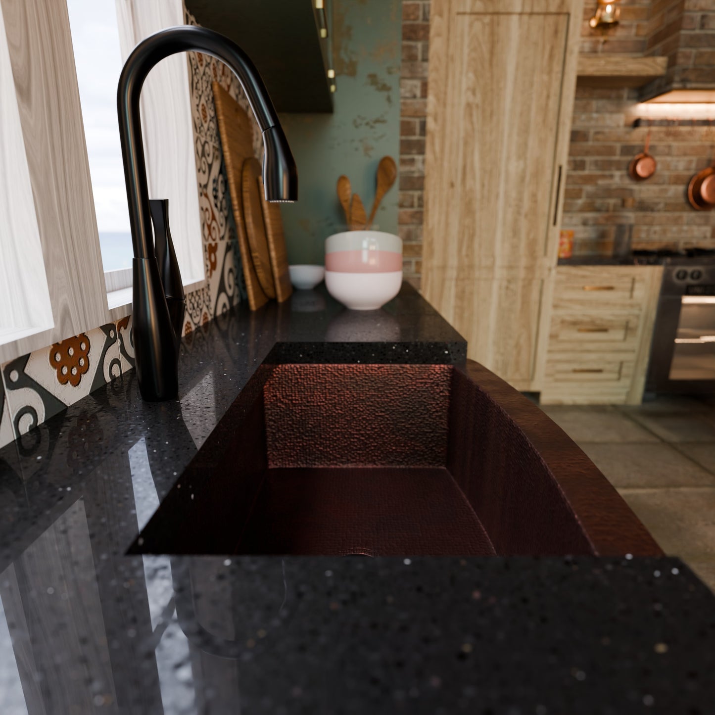 Curved Front Copper Kitchen Sink, TCK-008AN