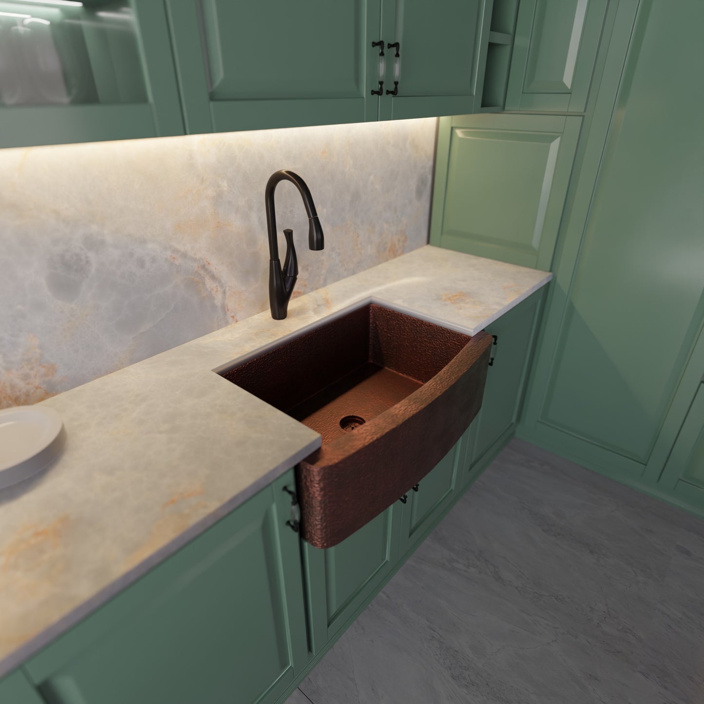 Curved Front Copper Kitchen Sink, TCK-008AN