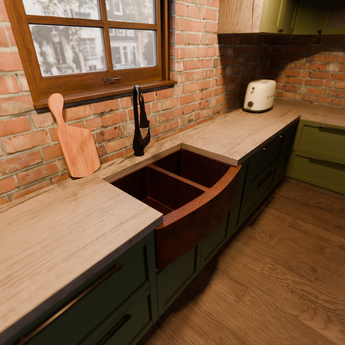 Double Bowl Copper Kitchen Sink, TCK-009AN