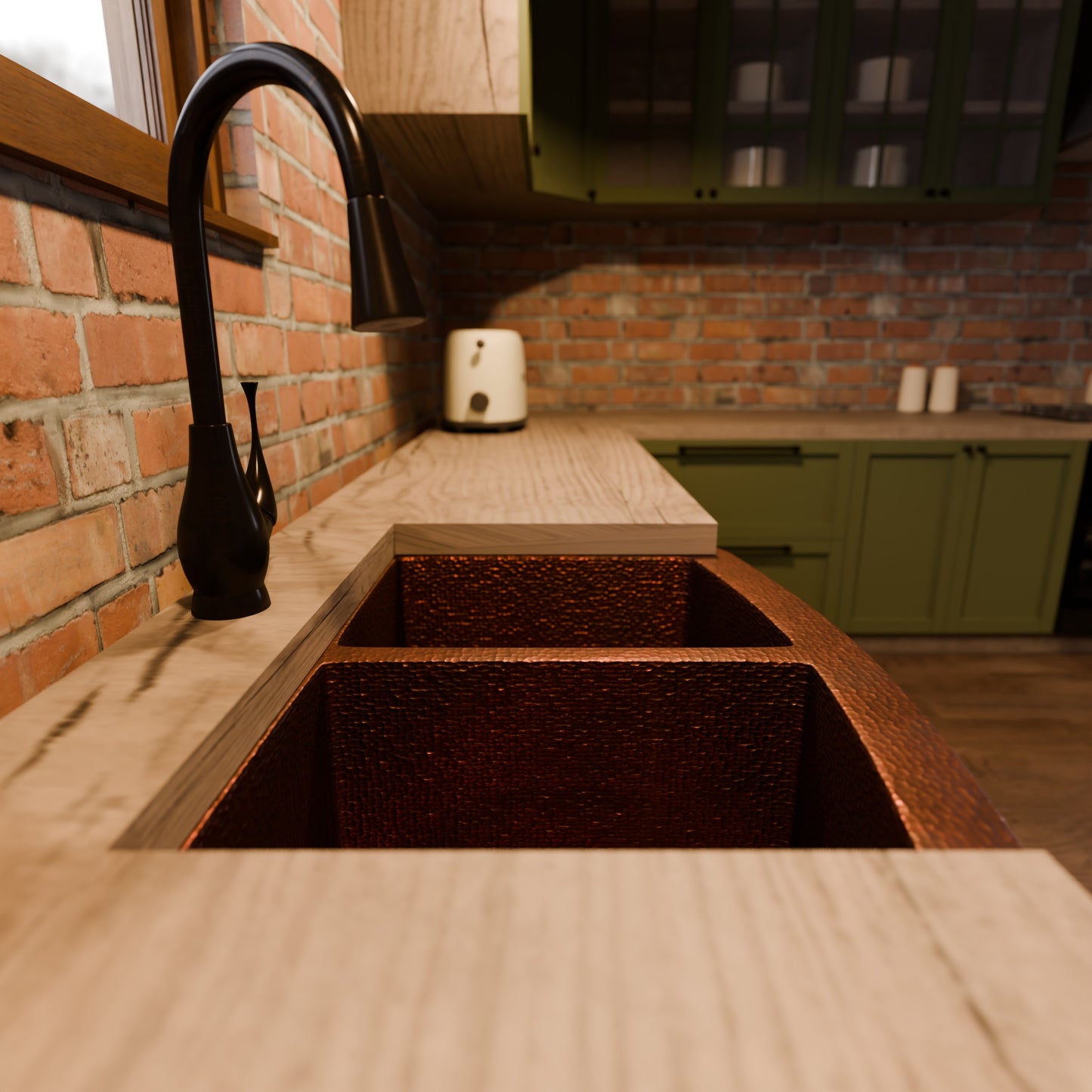 Double Bowl Copper Kitchen Sink, TCK-009AN