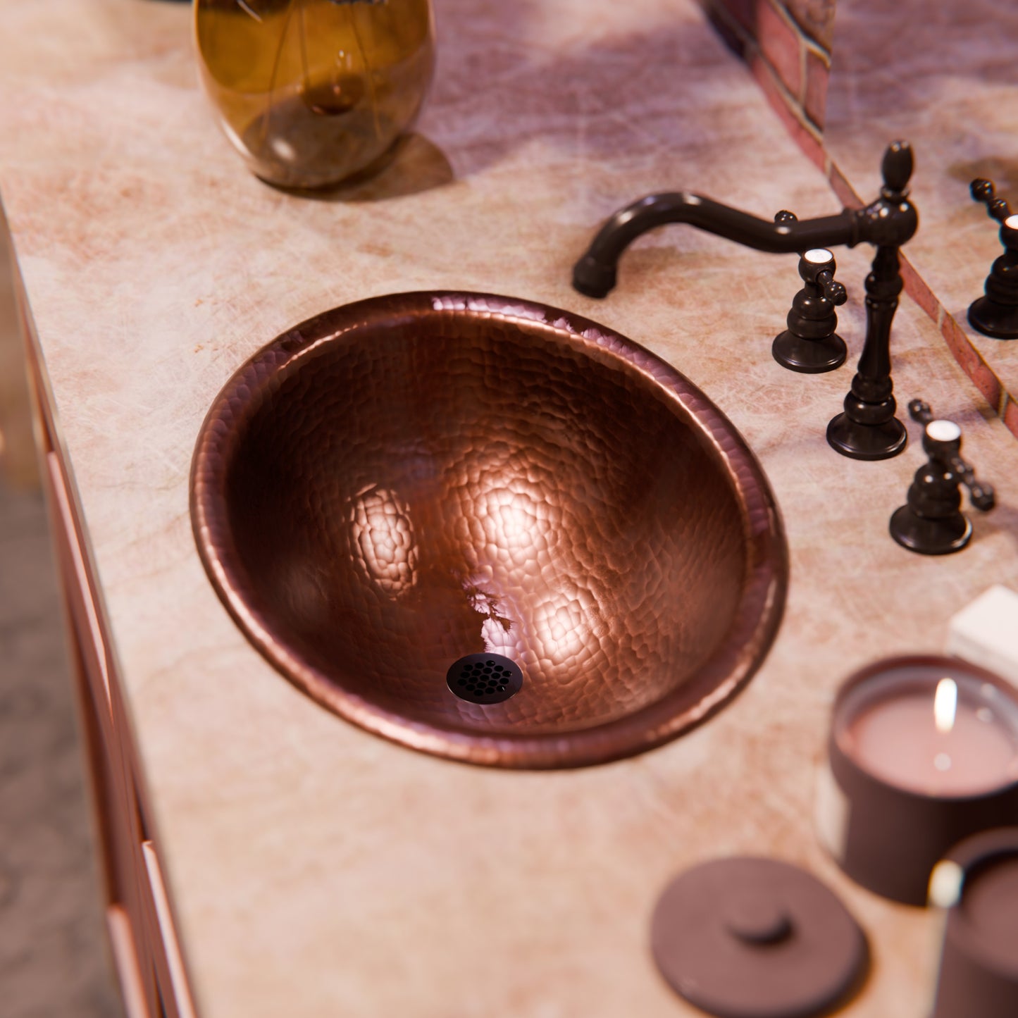 Traditional oval copper drop-in bathroom sink with rolled rim in antique finish, by Novatto.